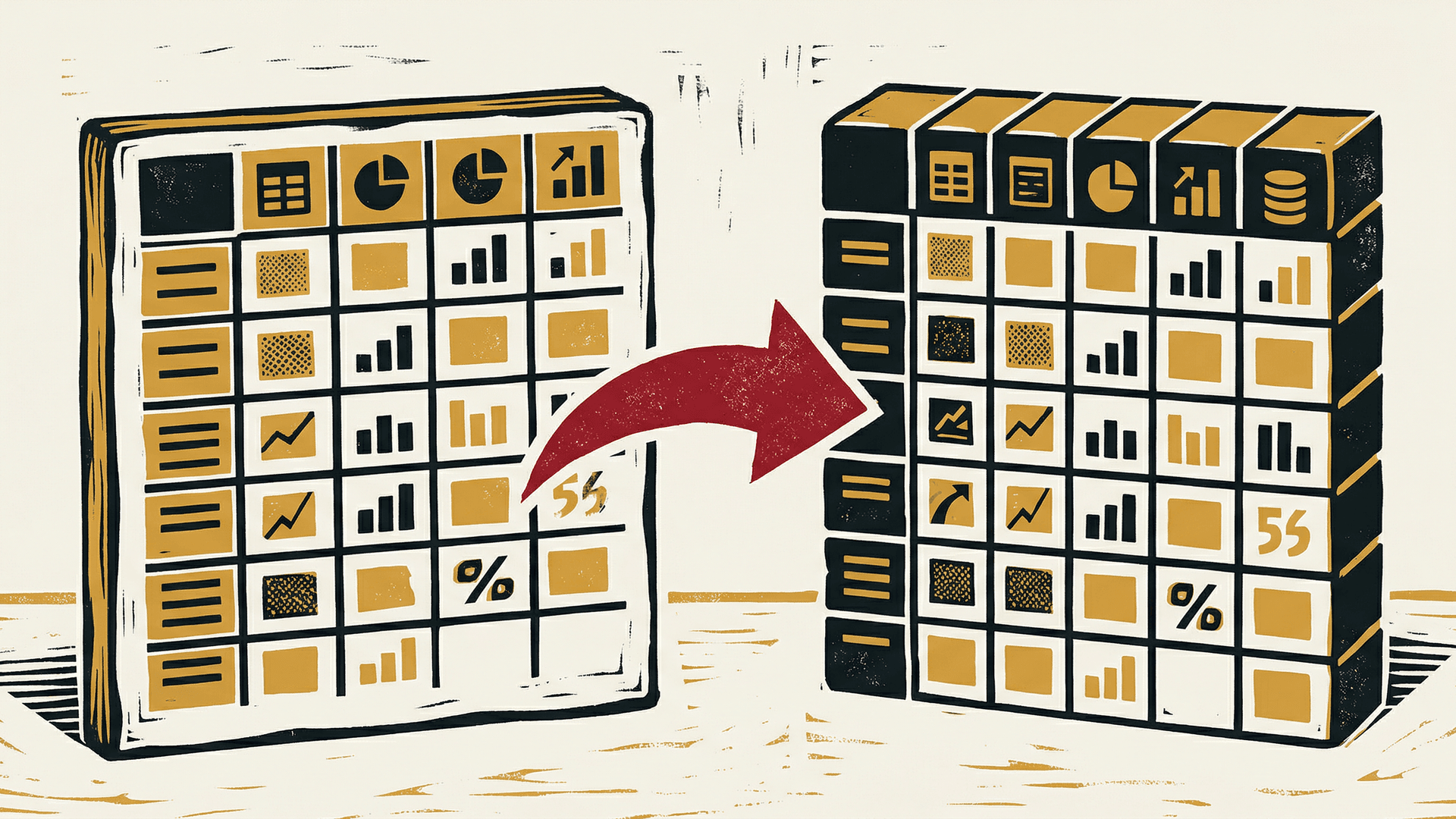 Neo-print editorial: side-by-side comparison of a spreadsheet grid and a database table, both with identical rows and columns, ink black and ochre yellow on paper white