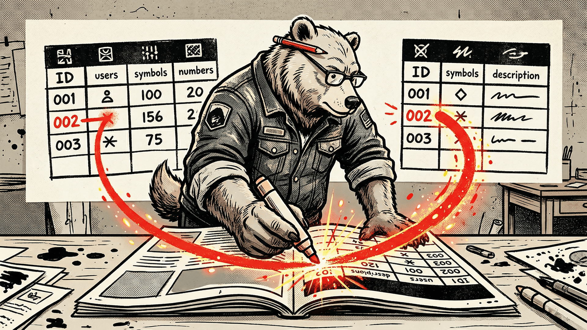 Neo-print editorial: anthropomorphic bear Ted drawing a line between two spreadsheet tables with a red marker, connecting a customer ID column to an orders table, spot red and ink black