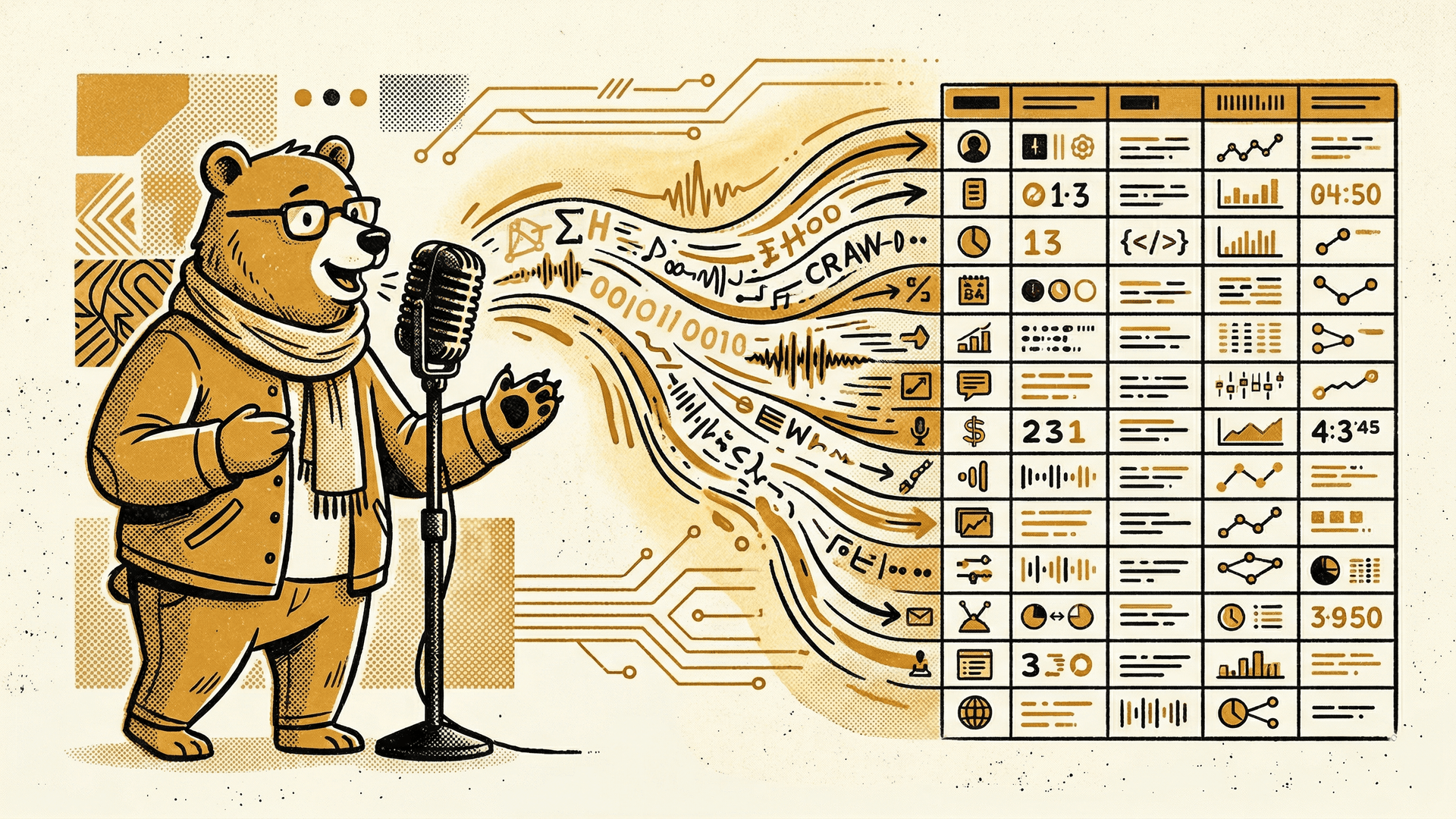 Neo-print editorial: anthropomorphic bear Ted speaking into a microphone connected to a database table, words flowing into rows, ochre yellow and ink black on cream