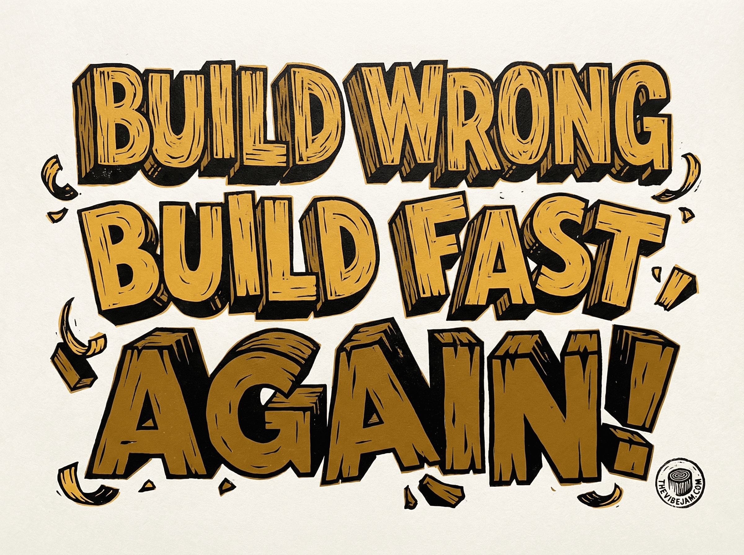 Neo-print typographic poster: BUILD WRONG BUILD FAST BUILD AGAIN in chunky tumbling wooden type blocks with wood shavings scattered around