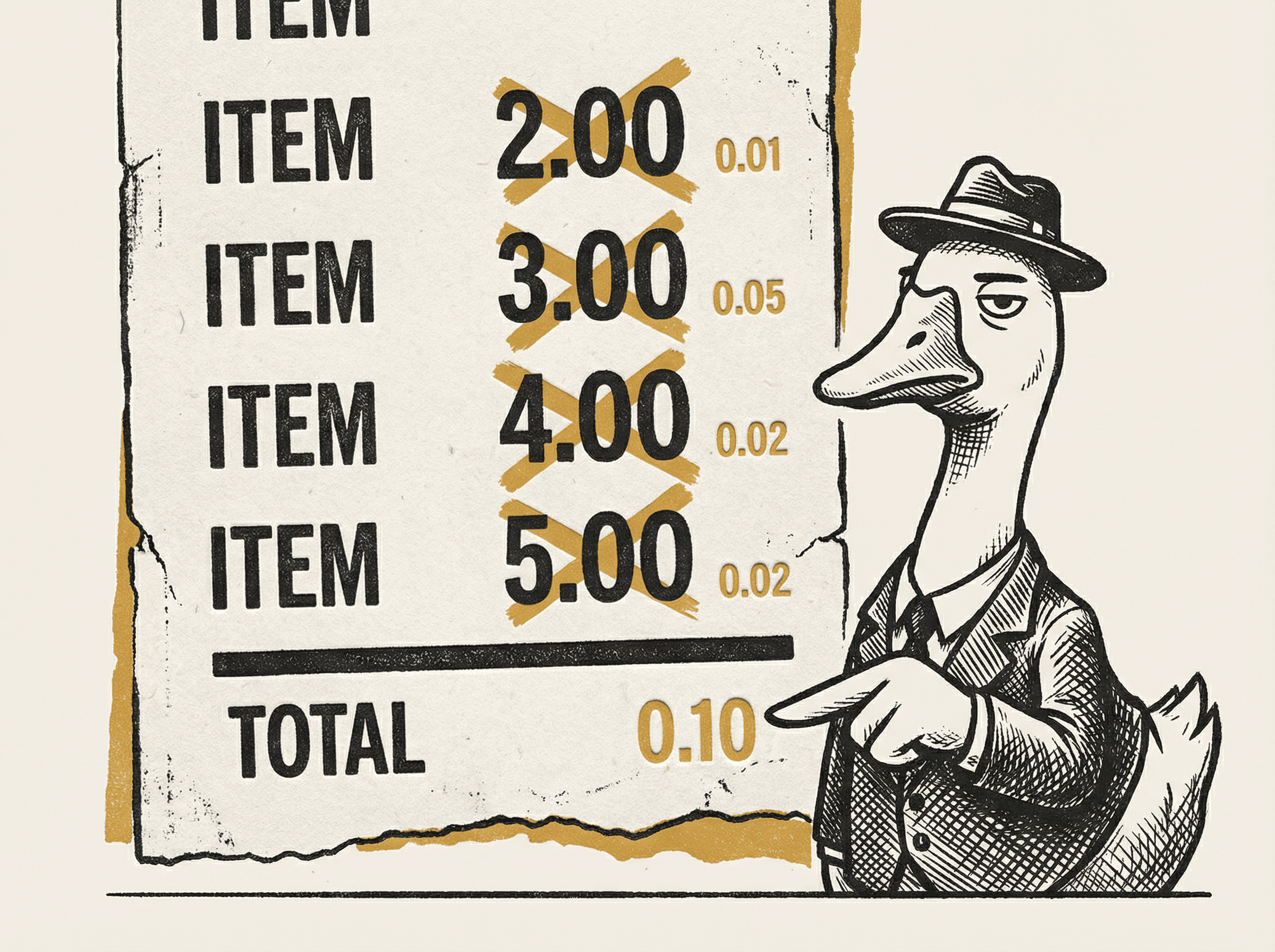 Neo-print editorial illustration: large receipt with old high prices crossed out and new near-zero prices beside them, goose character Greta pointing at the tiny total