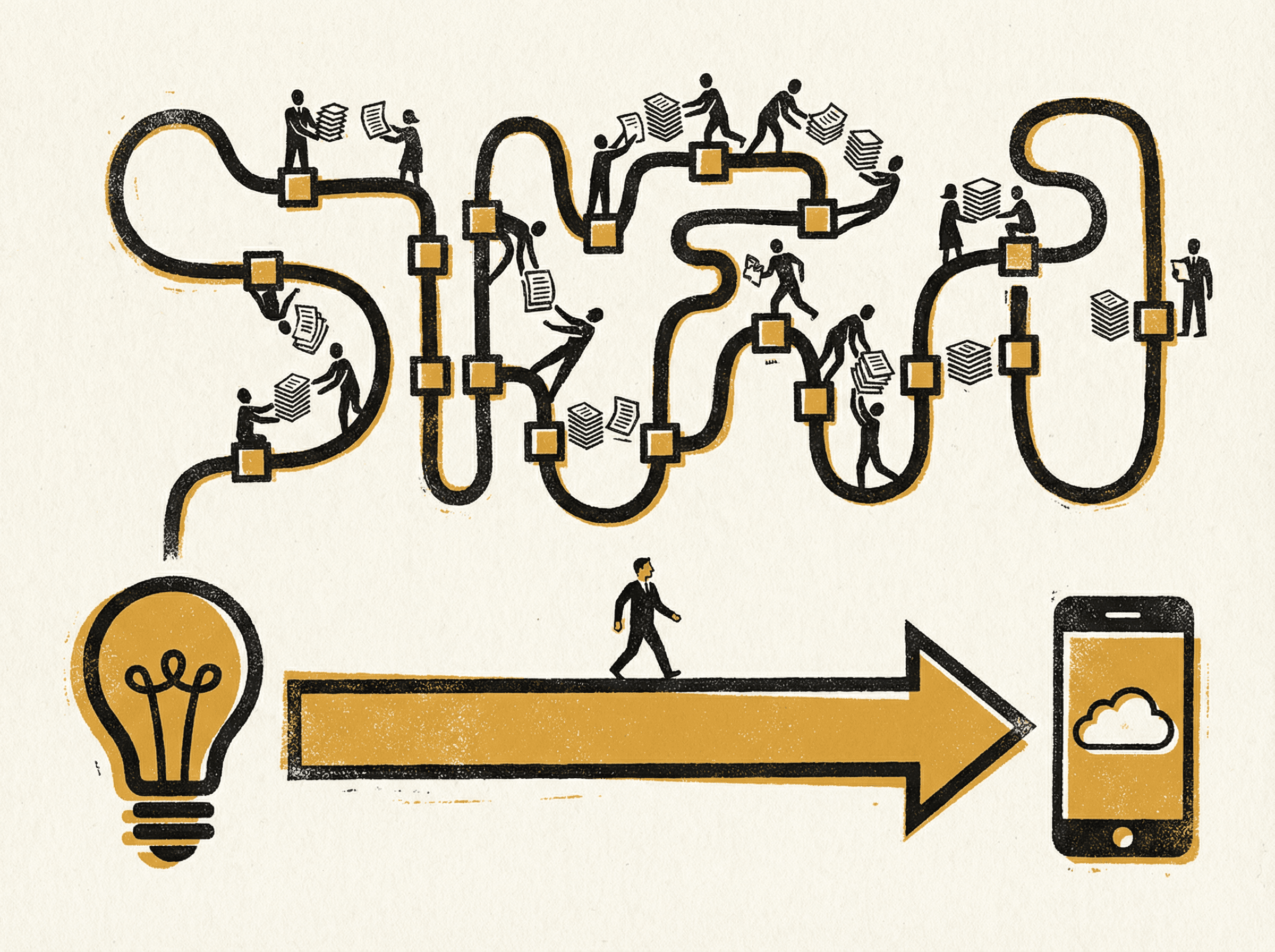 Neo-print editorial illustration: two paths from lightbulb to app icon, the top path long and winding with many checkpoints representing 18 months, the bottom path a single direct arrow representing a weekend build
