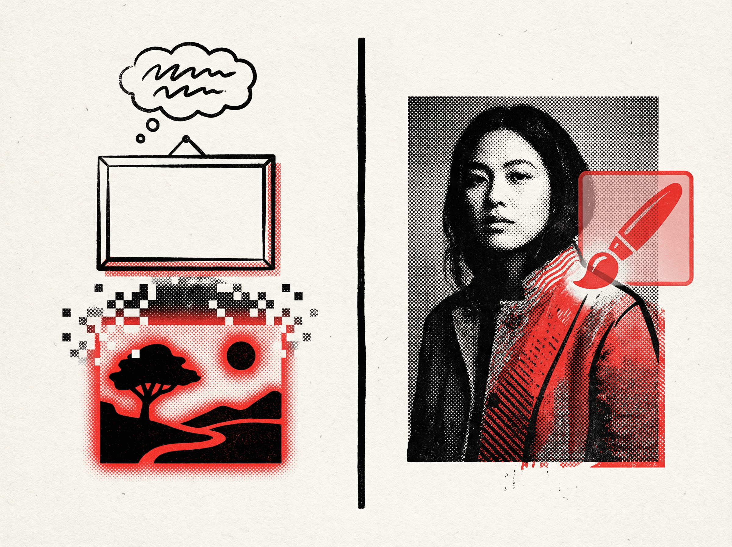 Neo-print illustration: split composition showing text-to-image creation from blank canvas on left and image editing refinement of existing photo on right