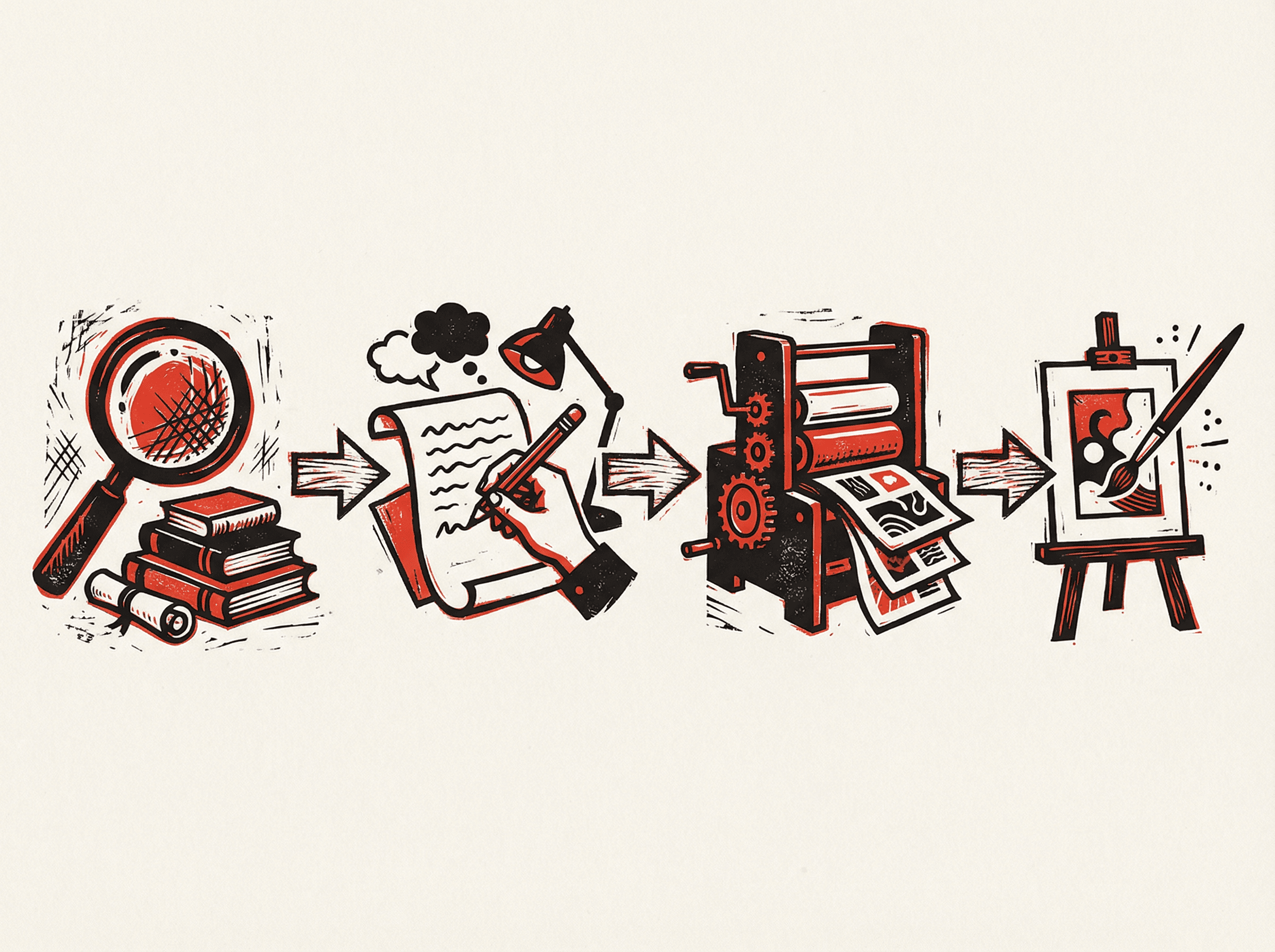 Neo-print illustration: four-step linear workflow from research magnifying glass to prompt pencil to printing press output to refinement brush
