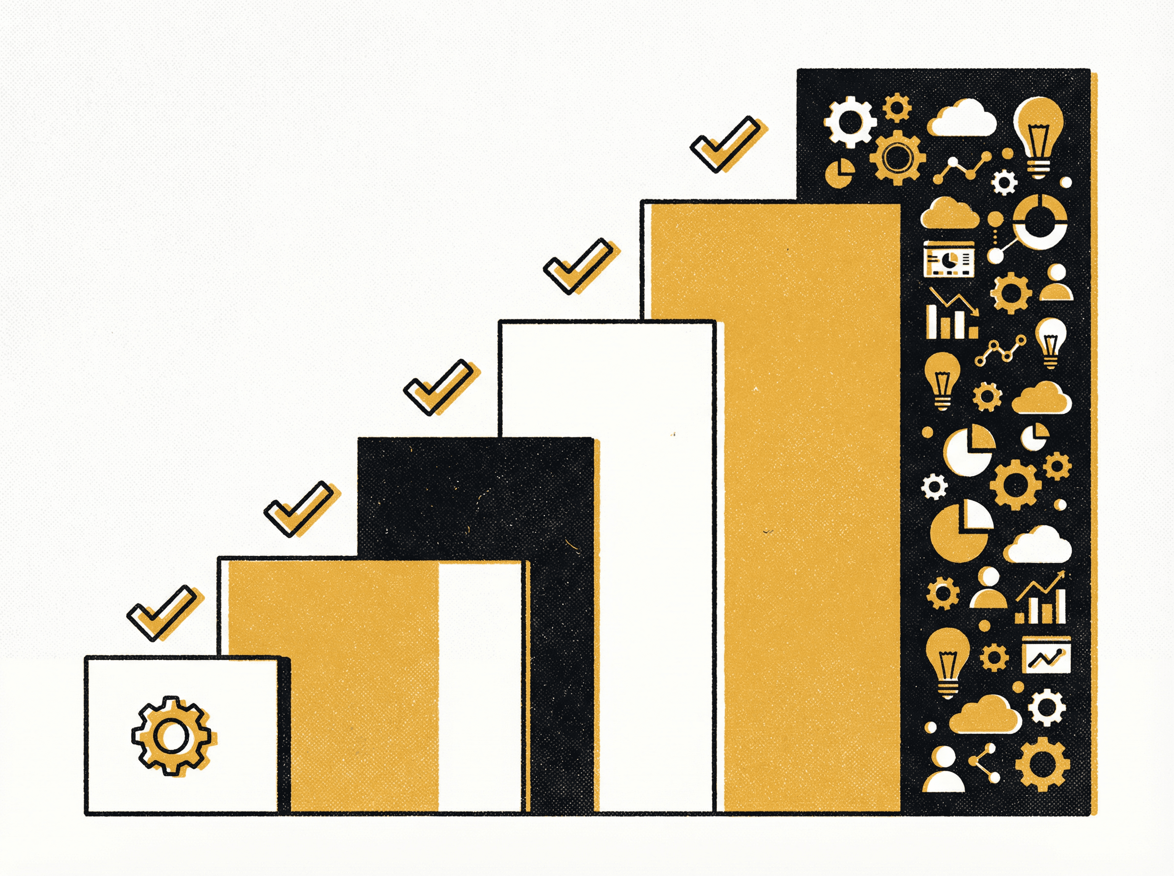 Neo-print illustration: staircase of expanding rectangles from small to large showing incrementally expanding AI access, checkmarks between steps