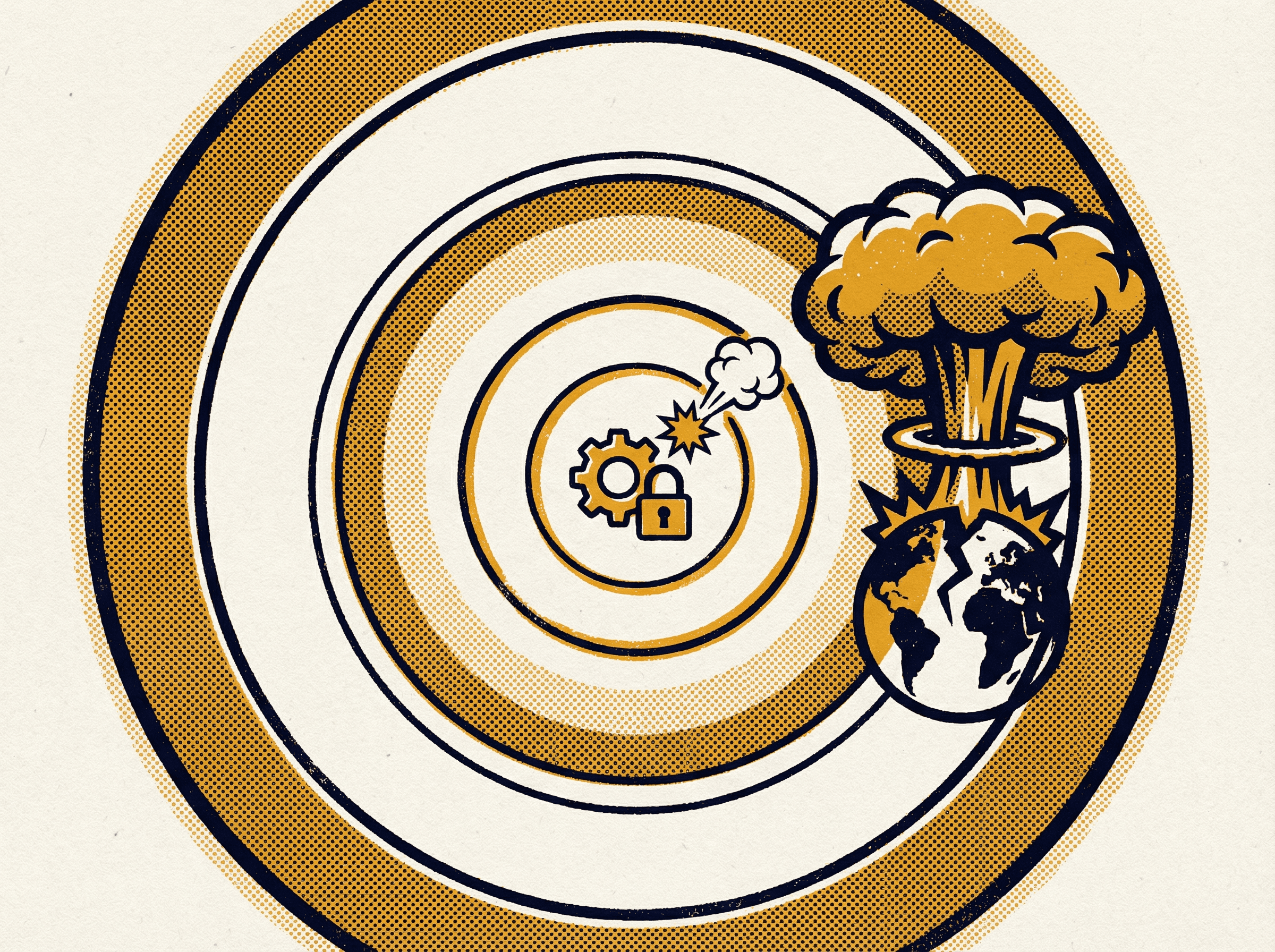 Neo-print illustration: concentric circles like a blast radius, small inner circle with tiny explosion for limited scope, large outer circle with massive explosion for unlimited scope