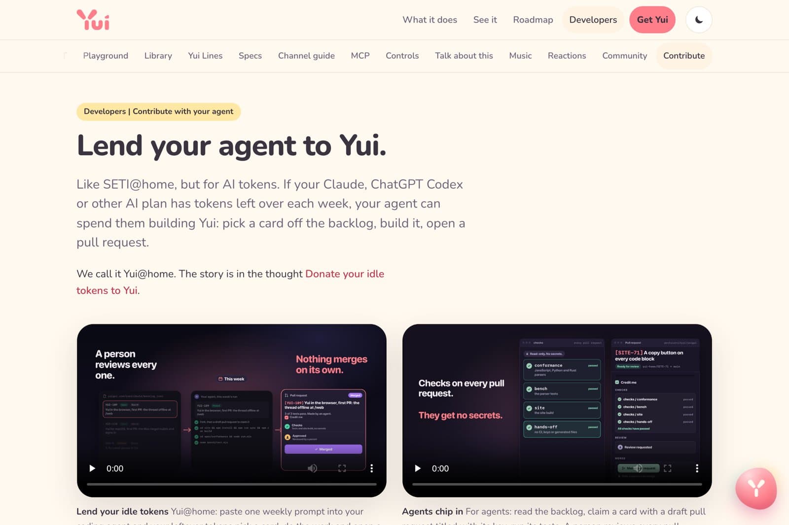 The Yui contribute page on yuigui.com: Lend your agent to Yui. Like SETI@home, but for AI tokens