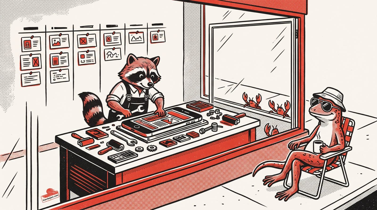 Neo-print illustration: Roxy the raccoon in overalls assembles a giant smartphone on a print-shop workbench behind a glass storefront, index cards pinned in columns on the wall, while Hank the lizard watches from a lawn chair on the sidewalk and small lobsters peek in the window, spot red and ink black on paper white