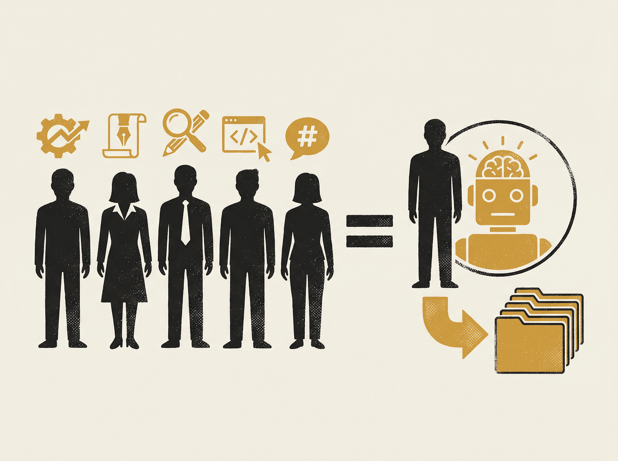Neo-print illustration: five person silhouettes with role icons on left equaling one person with AI helper on right, same output