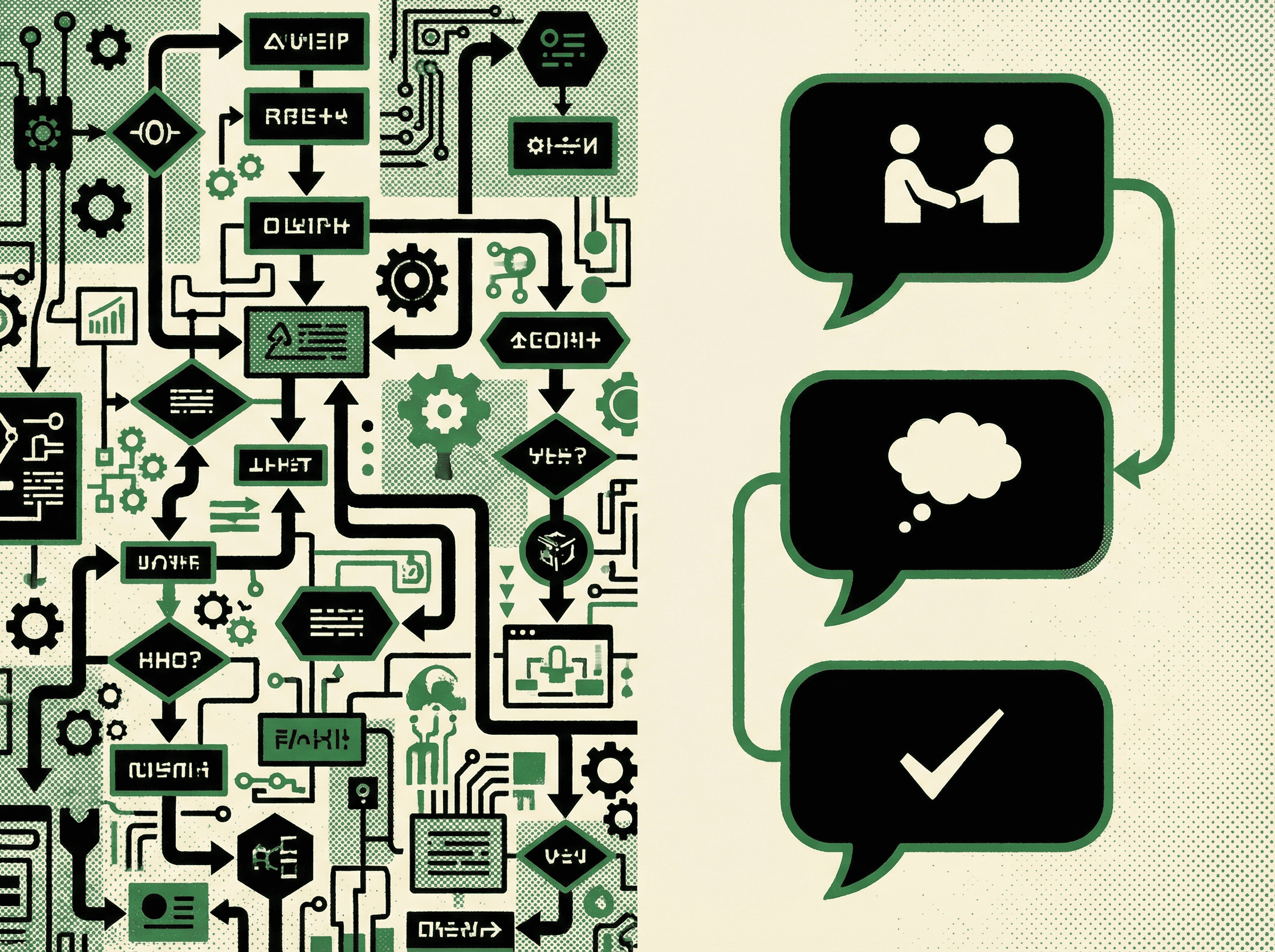 Neo-print illustration: complex flowchart with many blocks on left reduced to three simple speech bubbles on right, same automation simplified