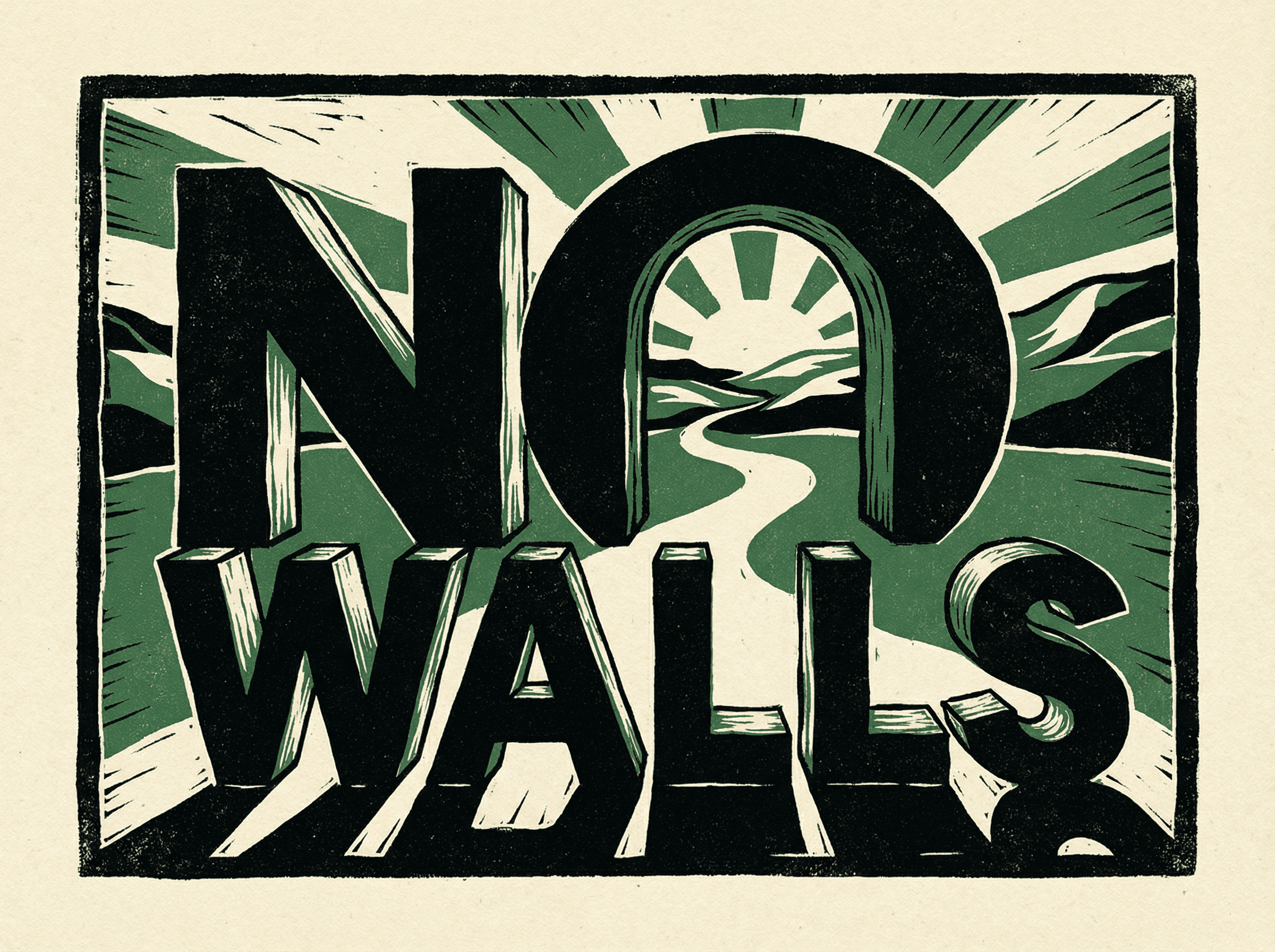 Neo-print typographic poster: NO WALLS in massive block letters with the O shaped like an open doorway showing open space beyond