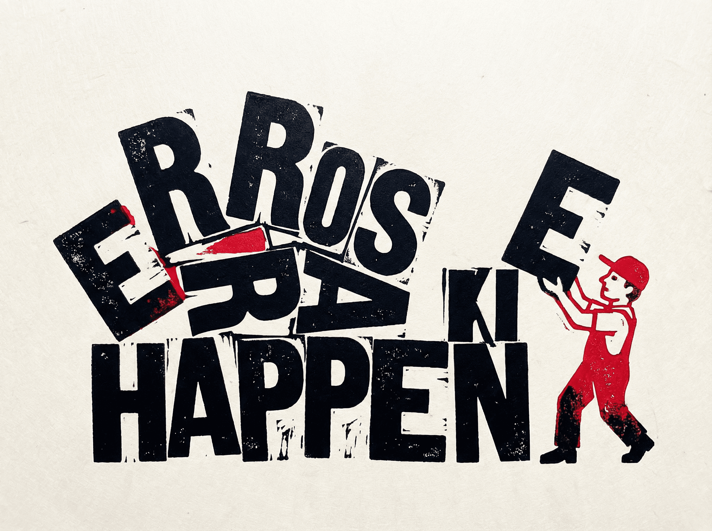 Neo-print typographic poster: ERRORS HAPPEN in bold tilted tumbling block letters with small figure picking them back up