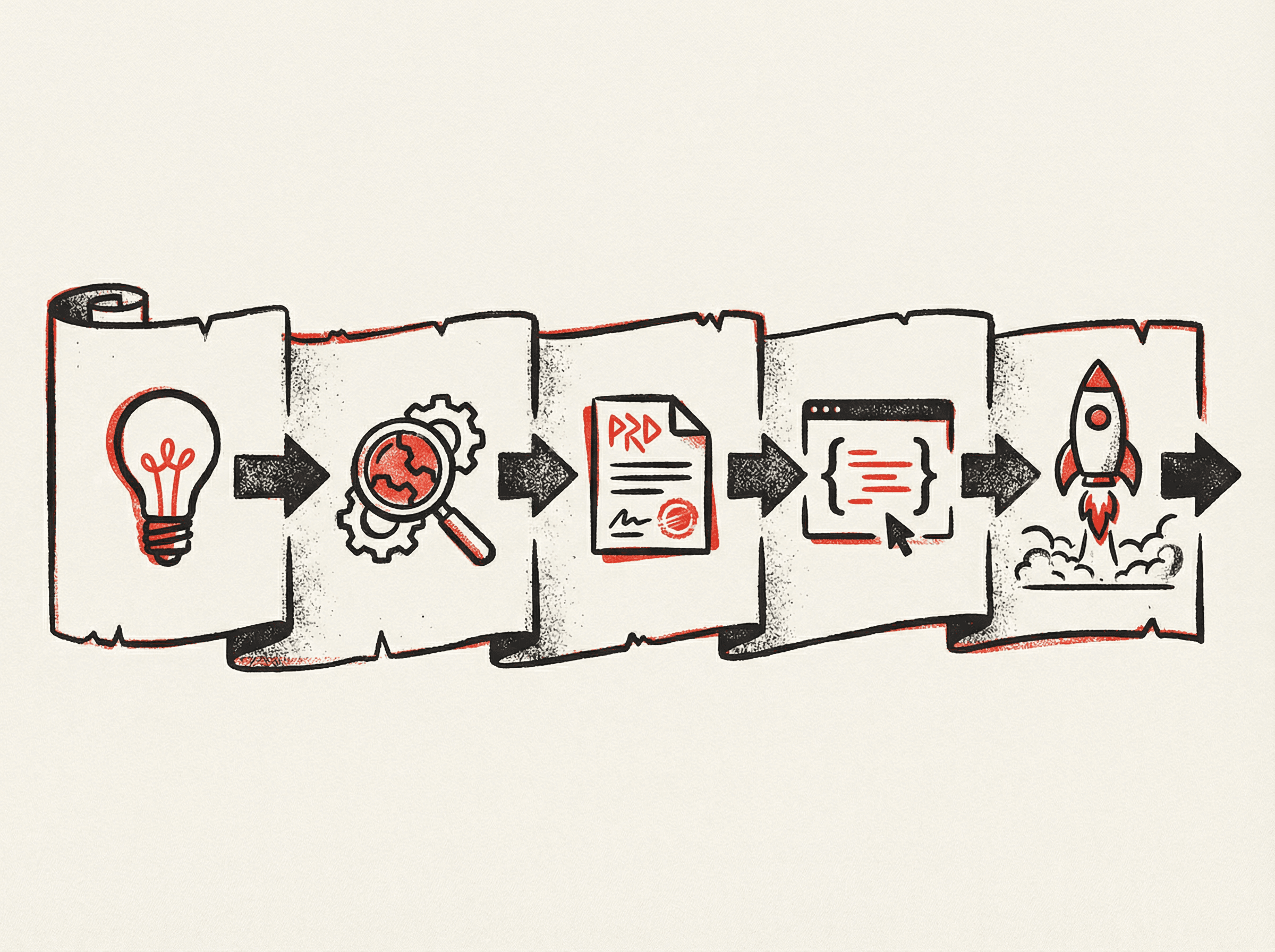 Neo-print illustration: five-step horizontal build timeline from lightbulb idea to magnifying glass reality check to PRD document to code build to rocket deploy