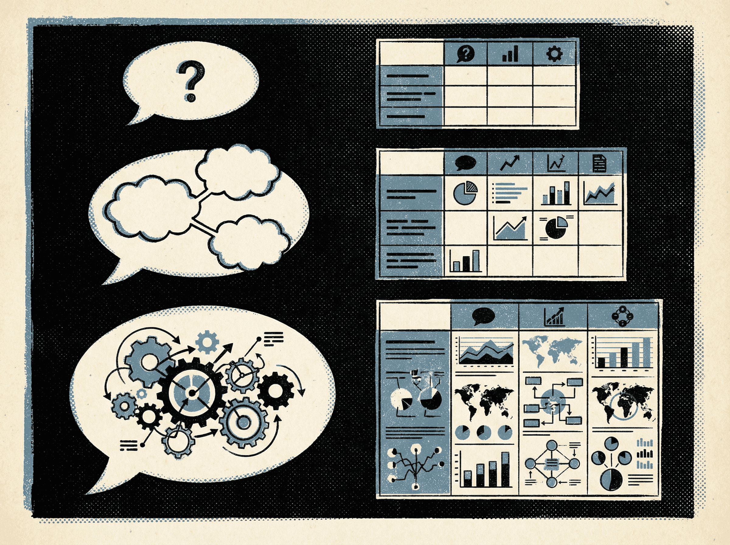 Neo-print illustration: three speech bubbles stacked vertically getting progressively larger and more complex, each producing increasingly detailed result tables