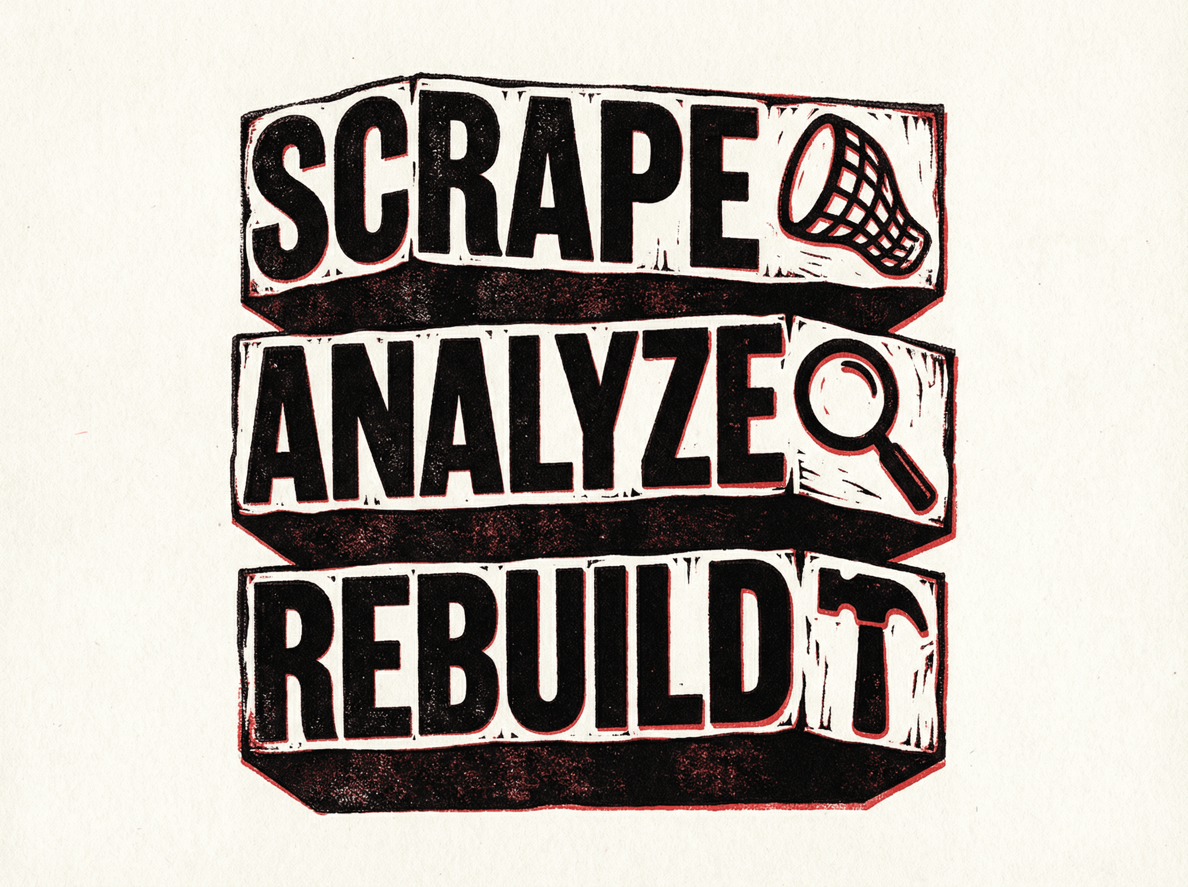 Neo-print typographic poster: SCRAPE ANALYZE REBUILD stacked with icons -- net, magnifying glass, hammer