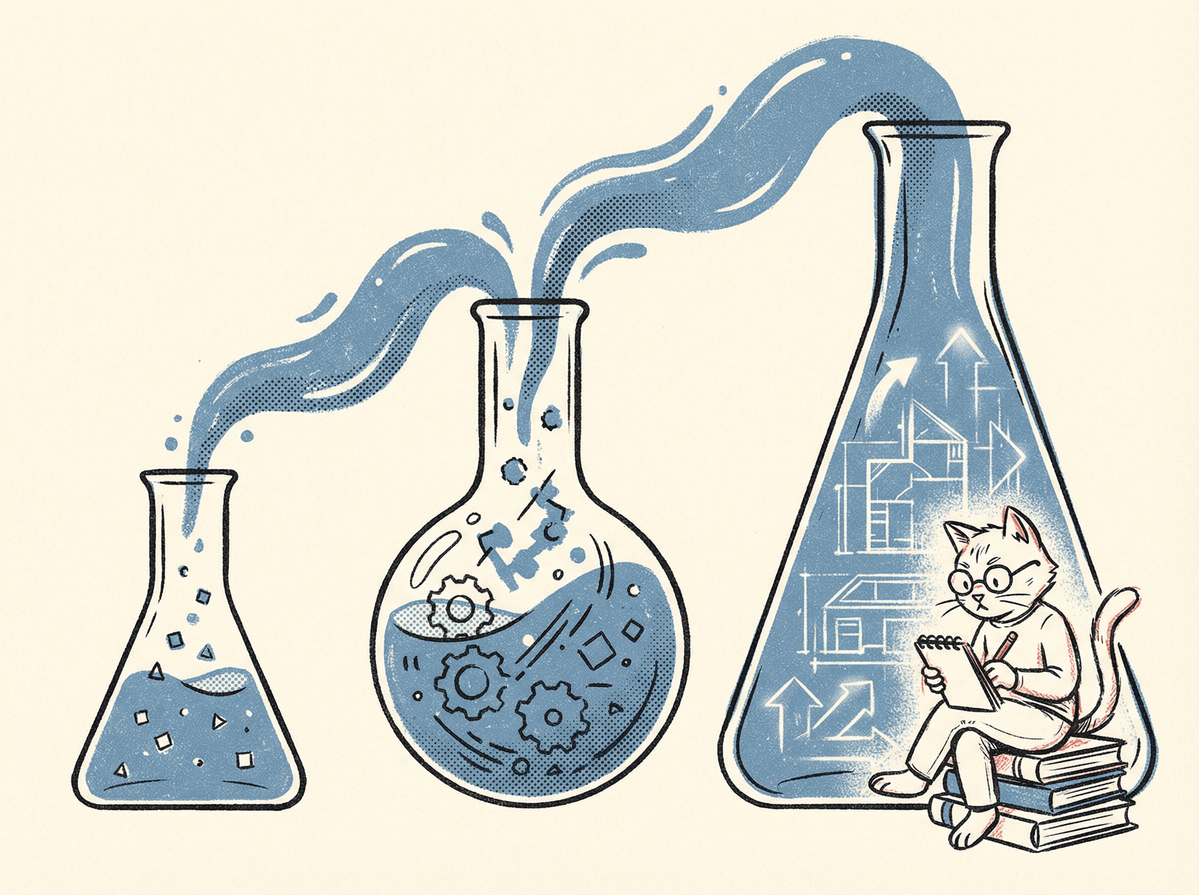 Neo-print editorial illustration: three laboratory vessels with liquid flowing between them carrying geometric shapes that transform, representing features evolving across projects