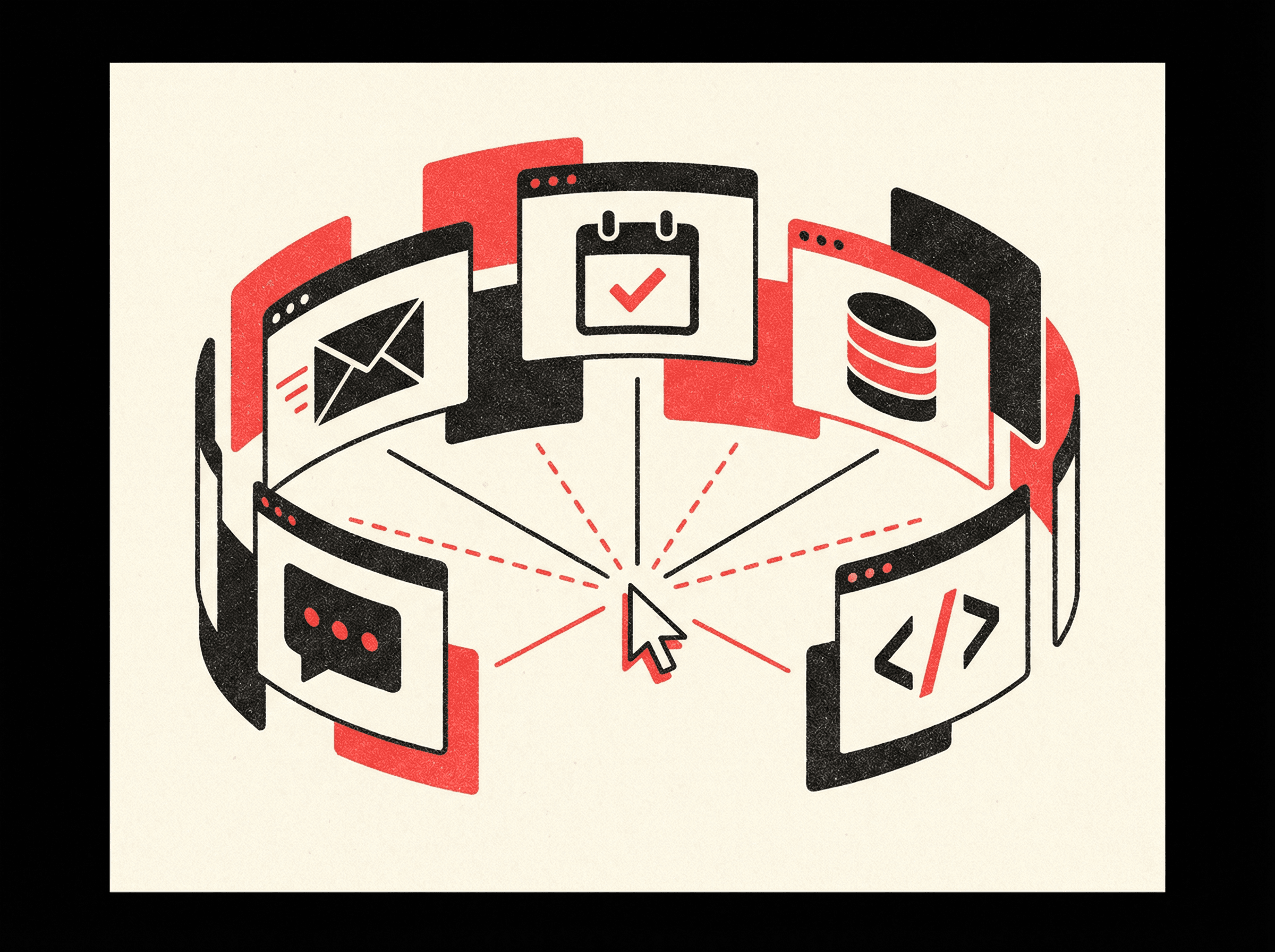Neo-print illustration: floating screens in semicircle showing email, calendar, database, chat and code icons all connected to a single central cursor point