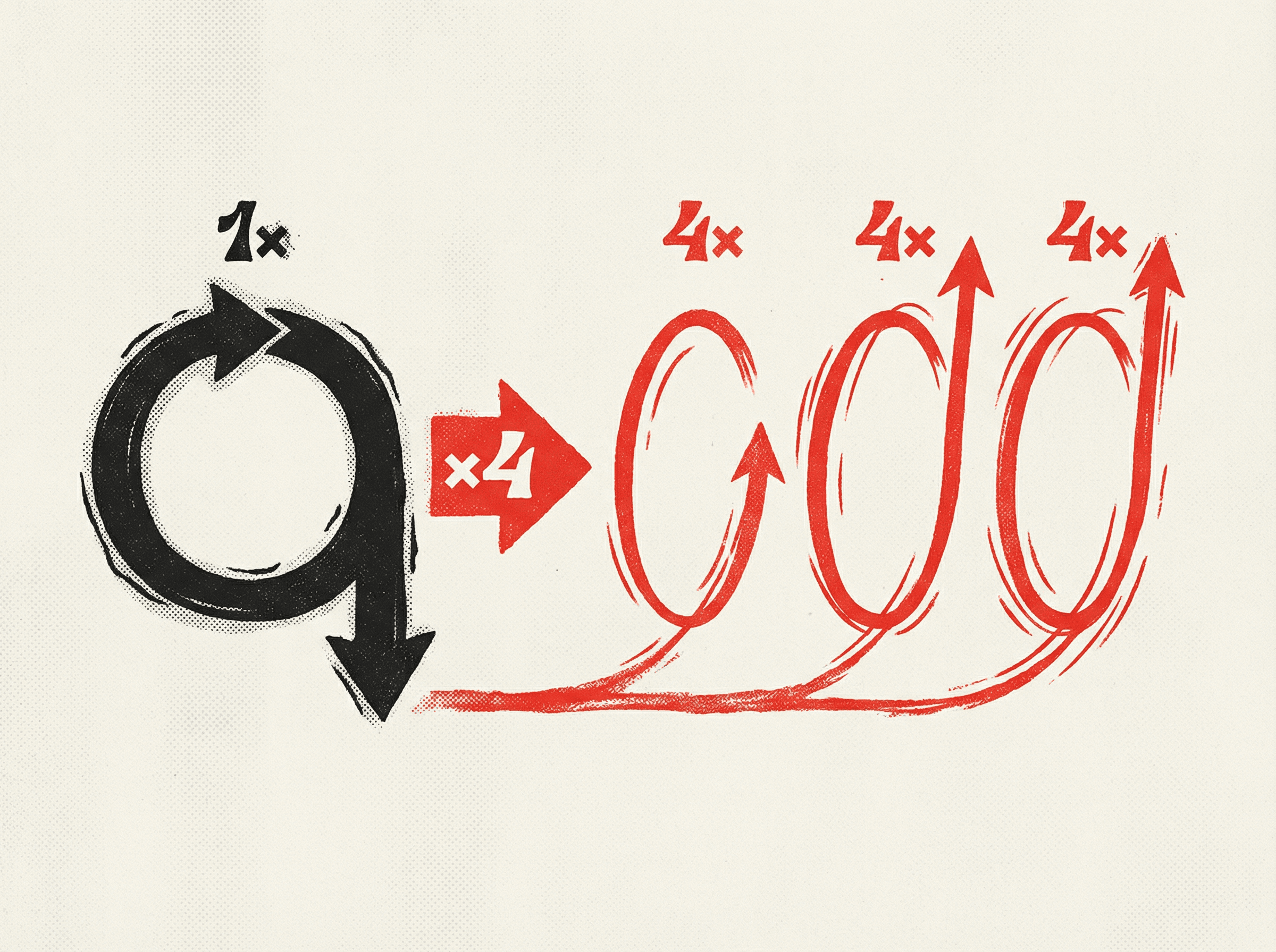 Neo-print illustration: four iteration loops showing acceleration from slow thick lines to fast sharp dynamic lines, representing 4x speed improvement