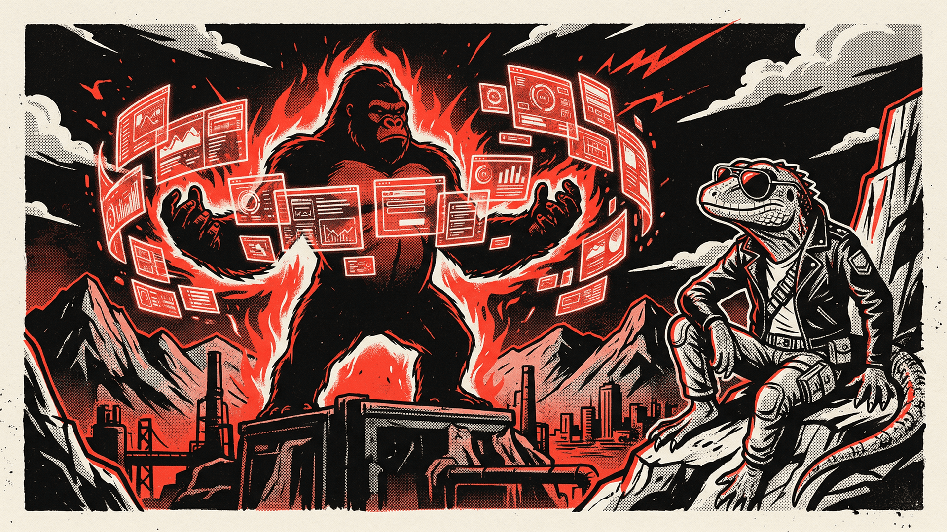 Neo-print editorial: anthropomorphic lizard Hank watching a massive gorilla silhouette generating screens and forms from thin air, spot red glow, ink black on paper white