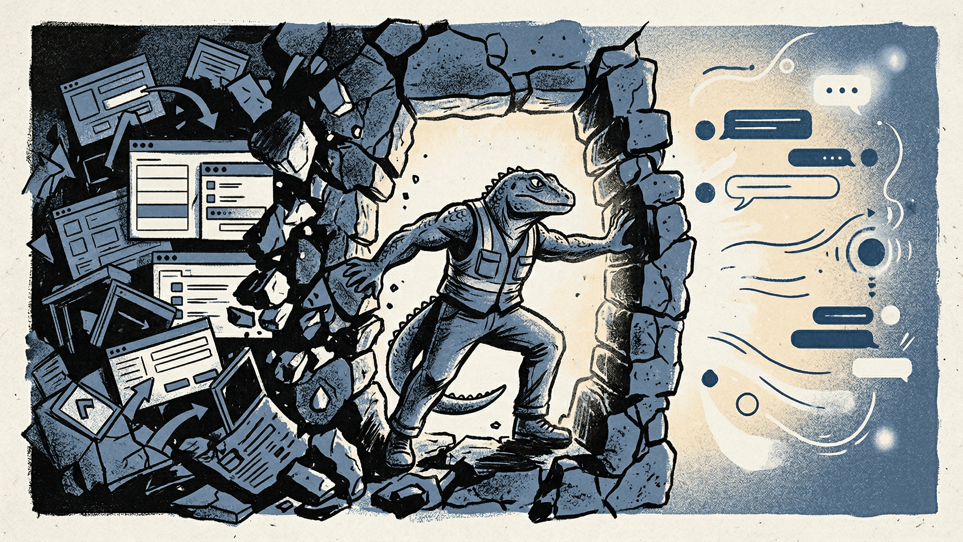 Neo-print editorial: anthropomorphic lizard Hank splitting a wall in half, one side showing old-fashioned forms, the other side showing a conversation interface, dusty blue and ink black