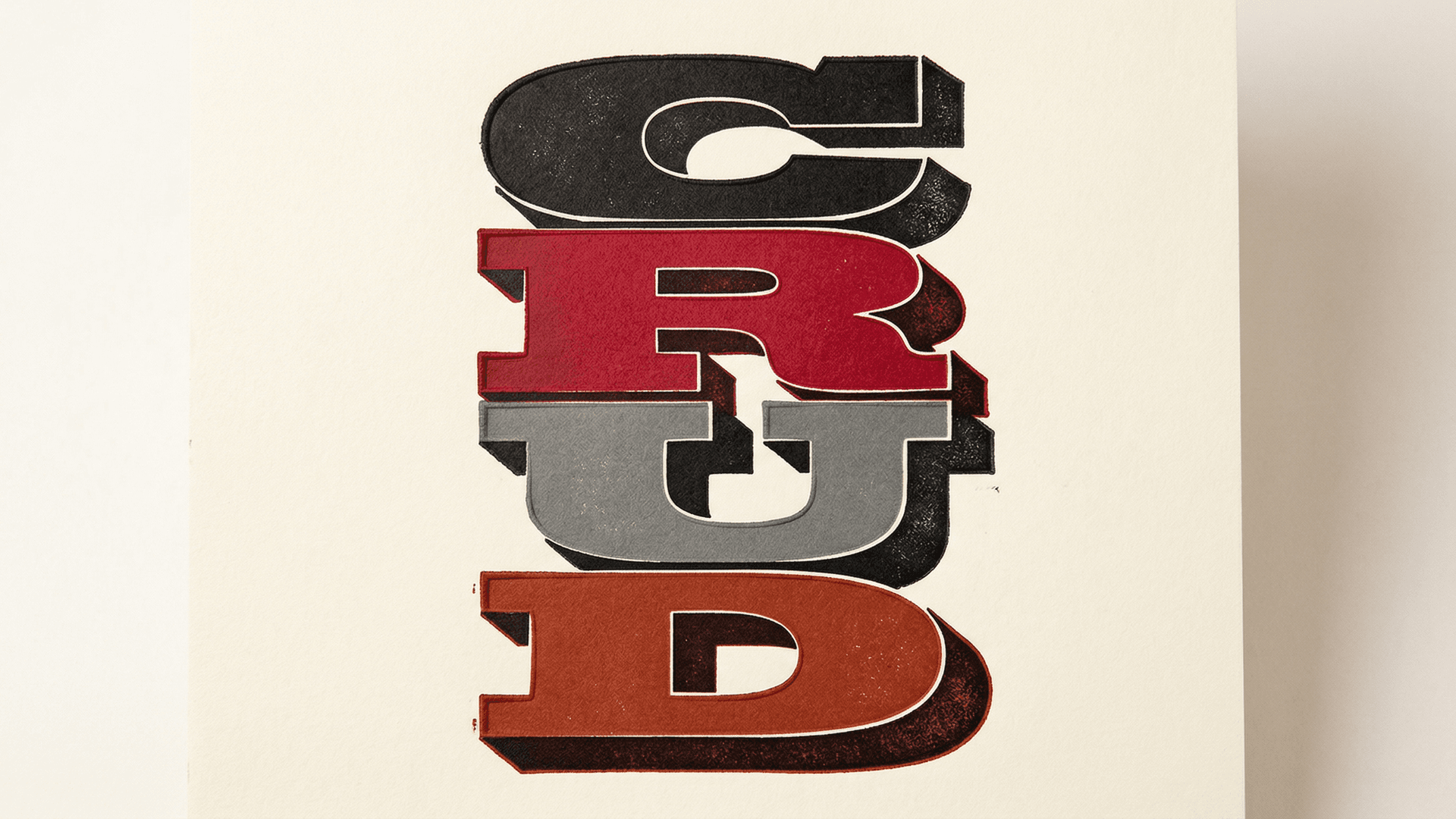 Neo-print typographic poster: four bold block letters C R U D stacked vertically with small labels create read update delete beside each, ink black and spot red on paper white