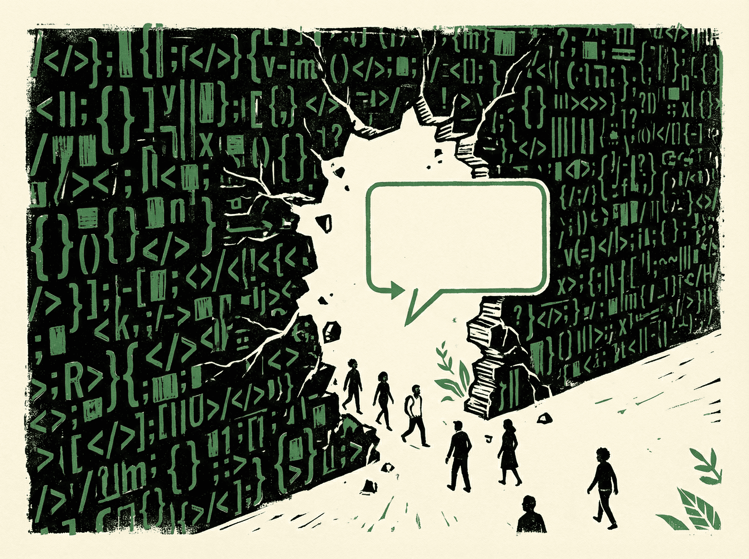 Neo-print editorial illustration: wall made of code symbols crumbling apart with a speech bubble emerging through the gap, silhouette figures walking through from the code side to open space
