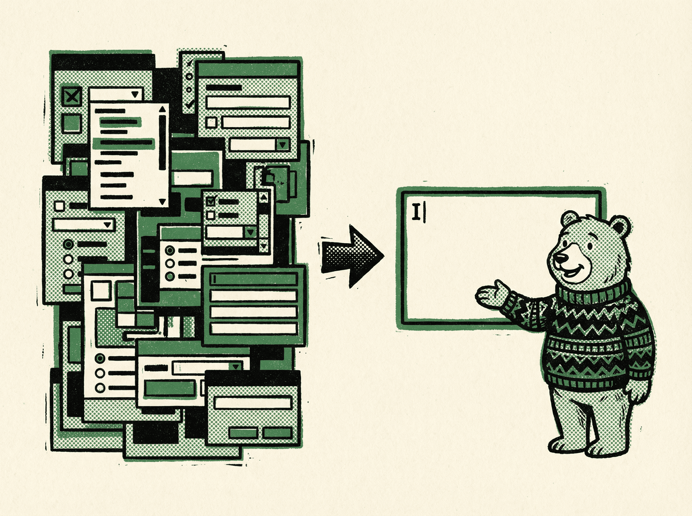 Neo-print editorial illustration: left side shows tangled mess of dropdown menus and form fields, right side shows a single clean text input box with blinking cursor, bold arrow pointing from complex to simple