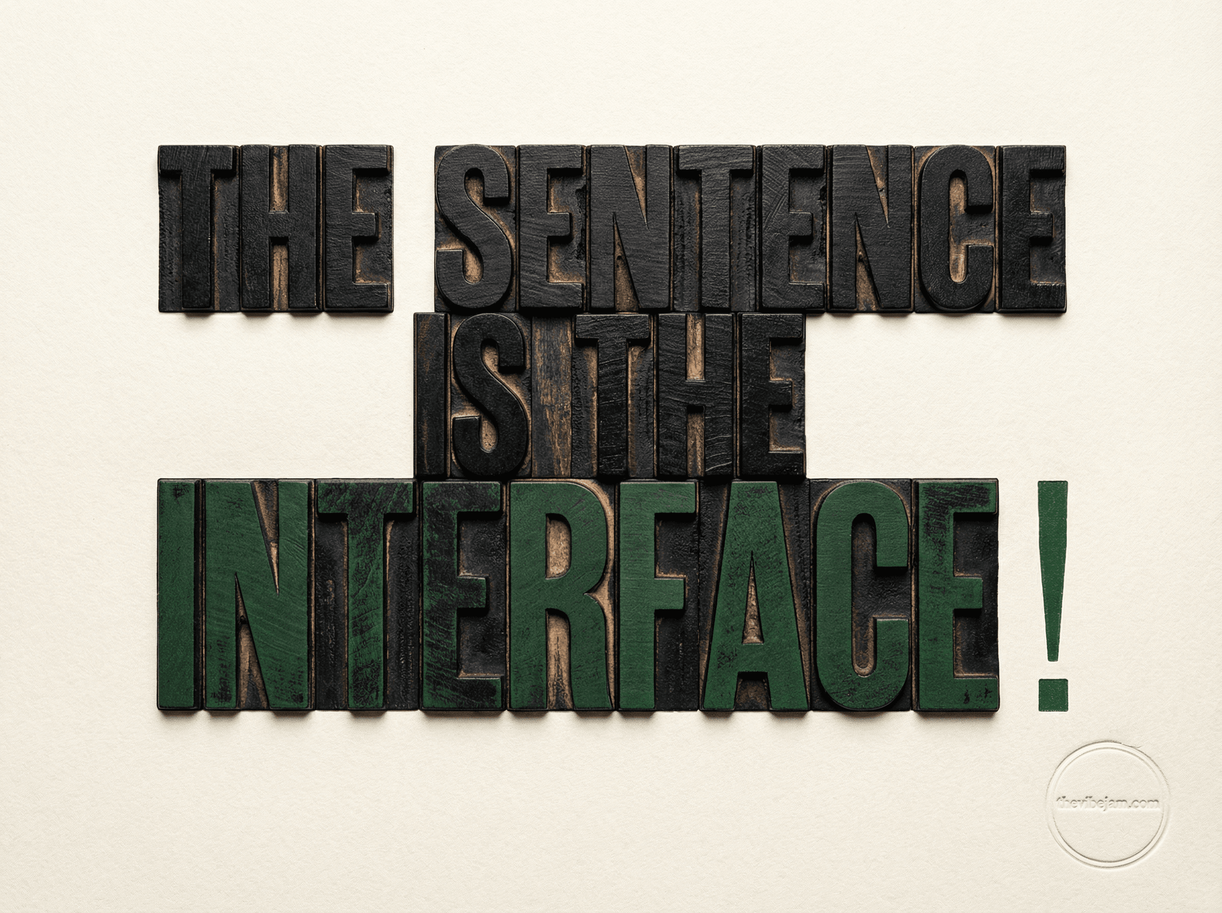Neo-print typographic poster: THE SENTENCE IS THE INTERFACE in bold stacked block letterforms with a blinking cursor after the last letter, forest green and black on cream