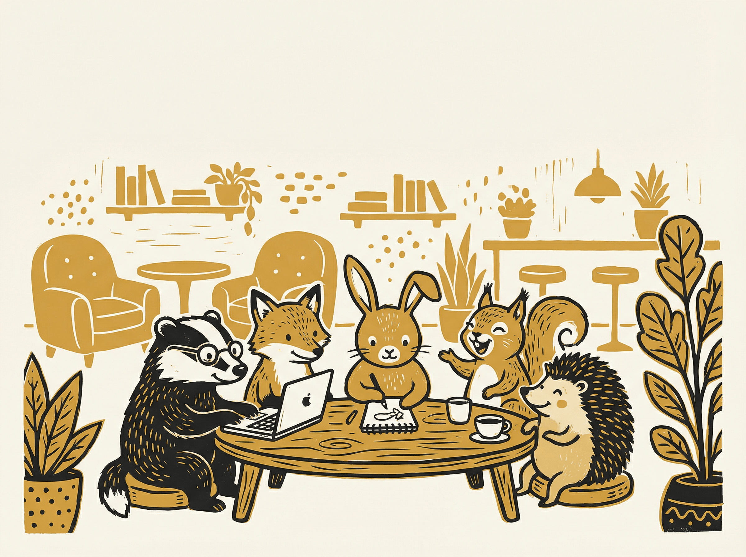 Neo-print illustration of five animal characters at a coffee shop table — coding, sketching, laughing, collaborating