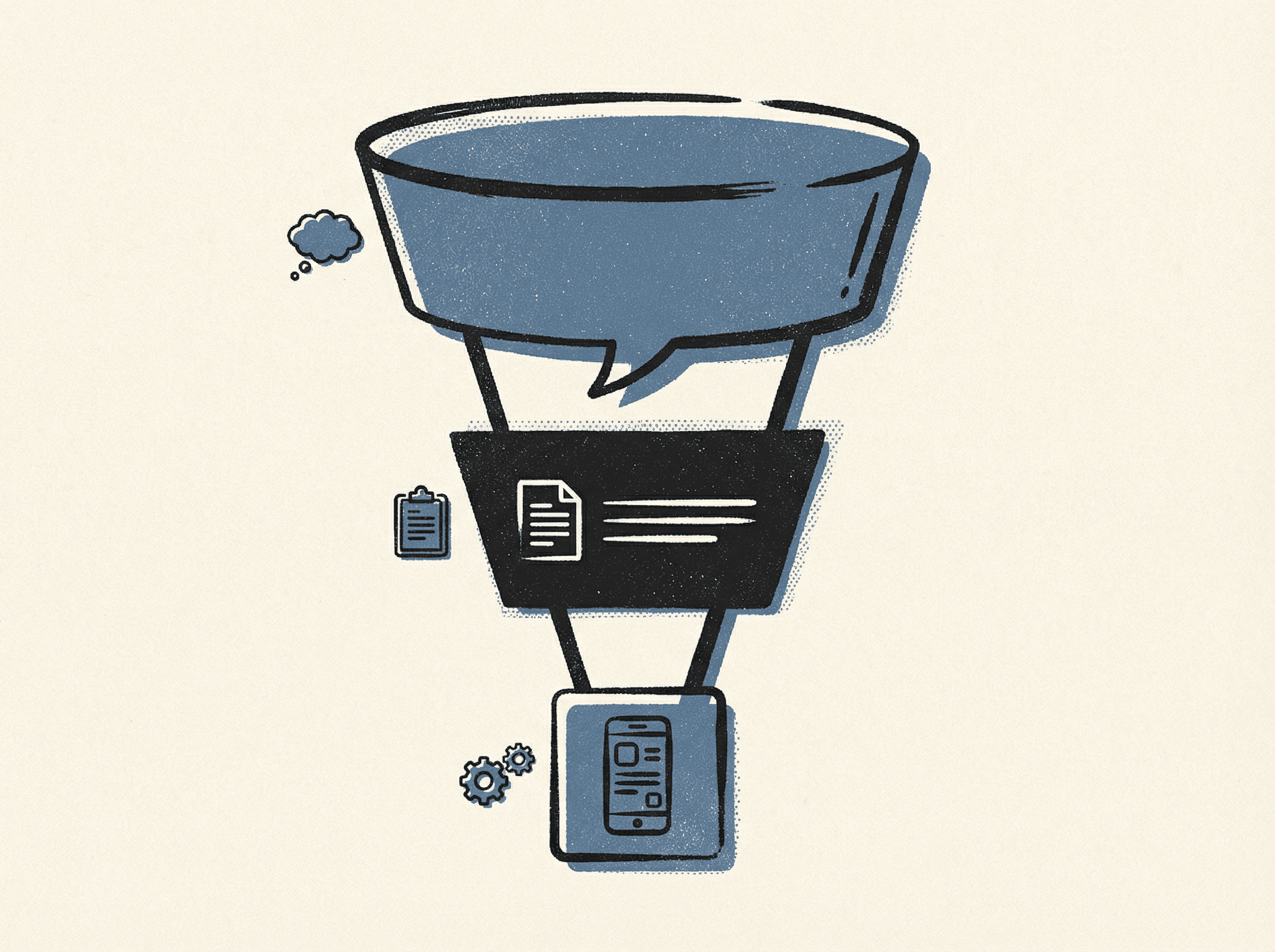 Neo-print illustration: funnel diagram with speech bubble idea at top narrowing to document PRD in middle outputting app screen icon at bottom