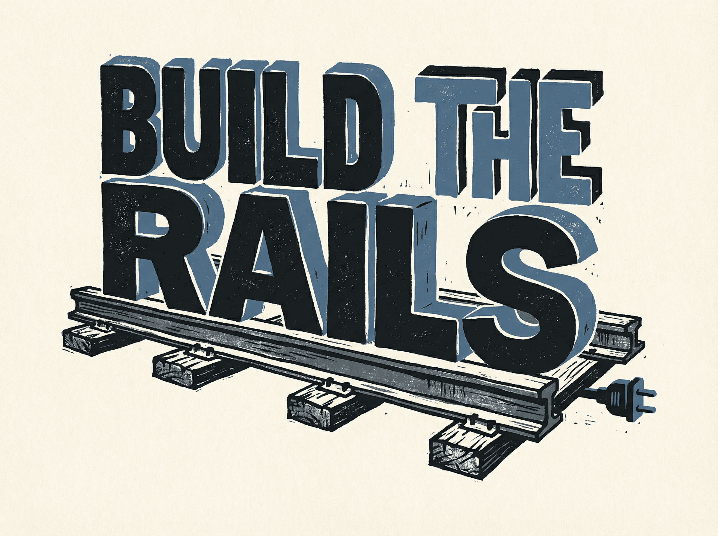Neo-print typographic poster: BUILD THE RAILS in bold block letters sitting on railroad track shapes with API connector at the end