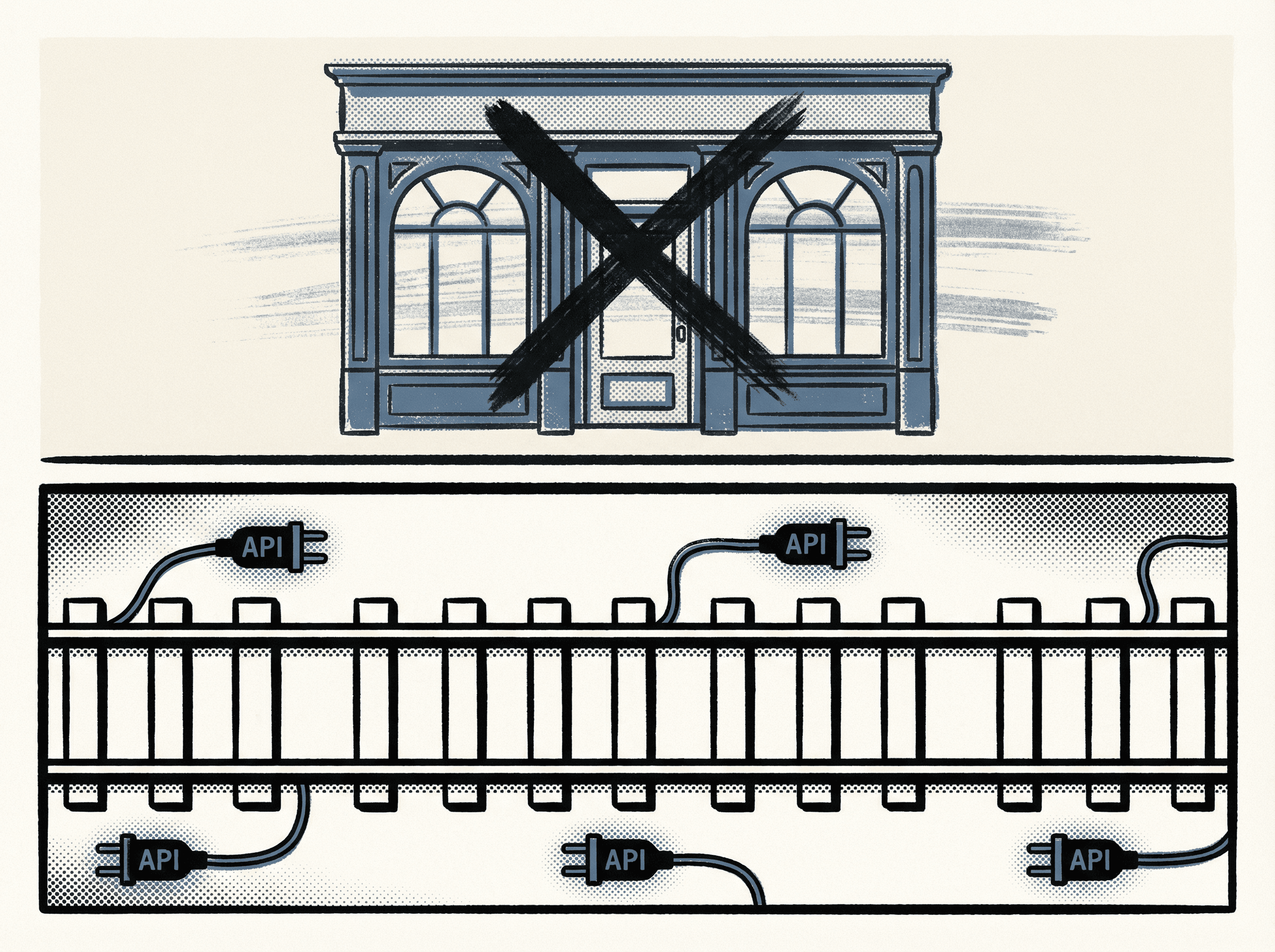 Neo-print illustration: faded storefront UI on top layer being replaced by clean railroad data rails with API plug icons on bottom layer