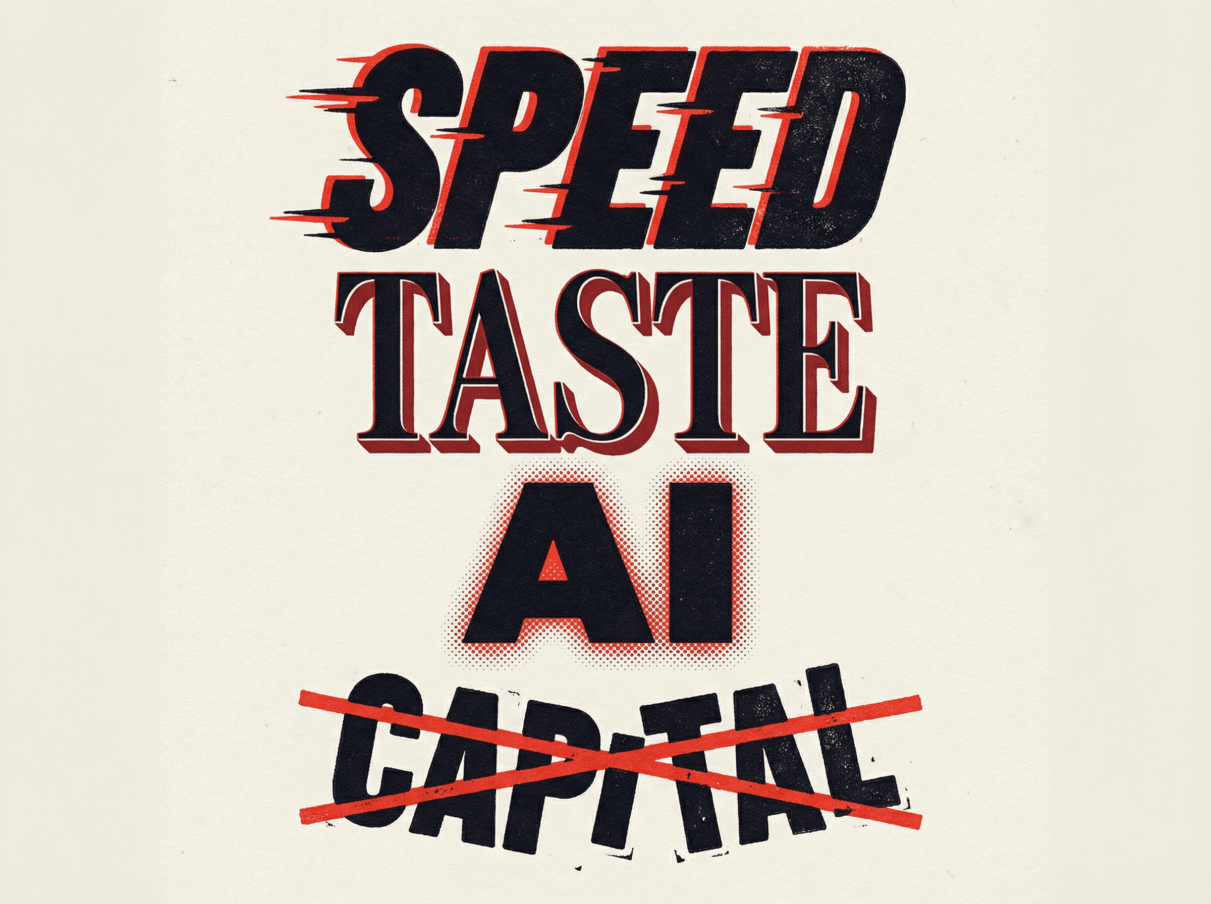 Neo-print typographic poster: SPEED TASTE AI stacked vertically replacing CAPITAL which is crossed out and falling away