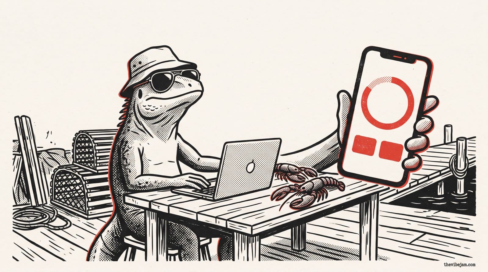 Neo-print illustration: Hank the lizard in aviators and a bucket hat sits at a laptop on a lobster-farm dock and holds up a phone showing a big timer ring and two buttons, lobster traps and two small lobsters beside him, ink black and spot red on paper white