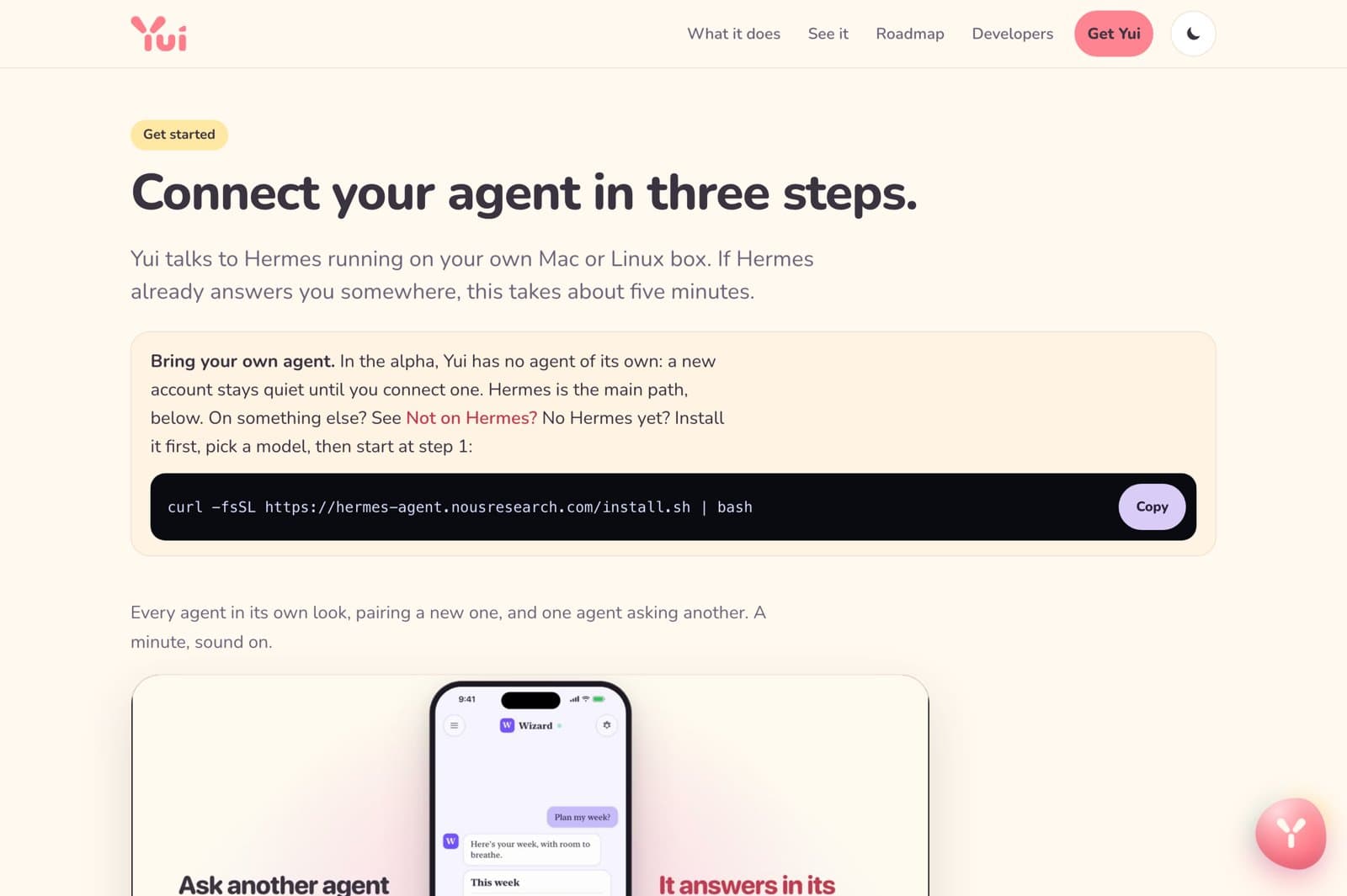 The Yui get started page on yuigui.com: Connect your agent in three steps, with the Hermes install command