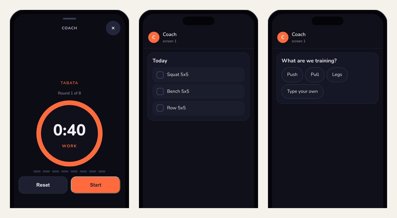 Three phone screens from the Yui playground side by side: a Tabata timer at 0:40 with Reset and Start, a Today checklist with Squat, Bench and Row, and a What are we training? choice with Push, Pull, Legs and Type your own