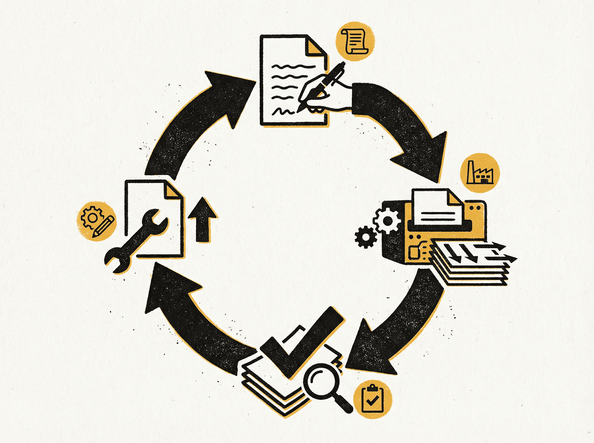 Neo-print illustration: circular four-stage diagram showing write, use, evaluate, update loop with arrows going clockwise