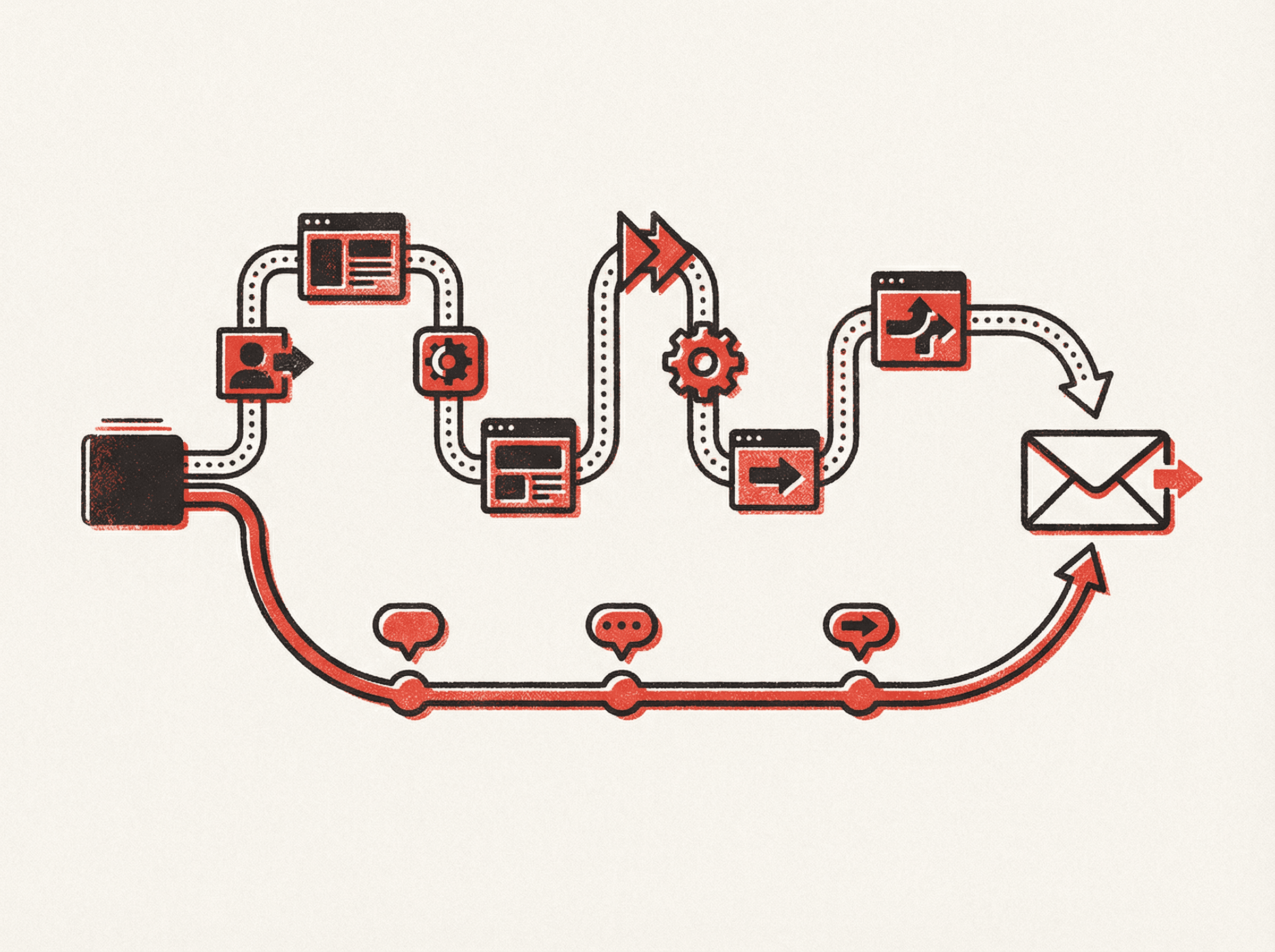 Neo-print illustration: two paths to same envelope, top path long with seven stops for traditional workflow, bottom path short with three stops for conversational approach