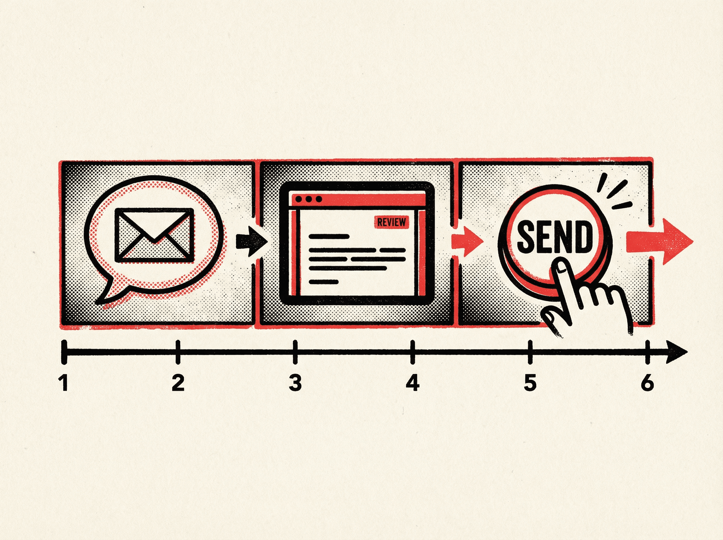 Neo-print illustration: six-minute horizontal timeline in three segments -- describe, review, send -- with minute markers showing speed