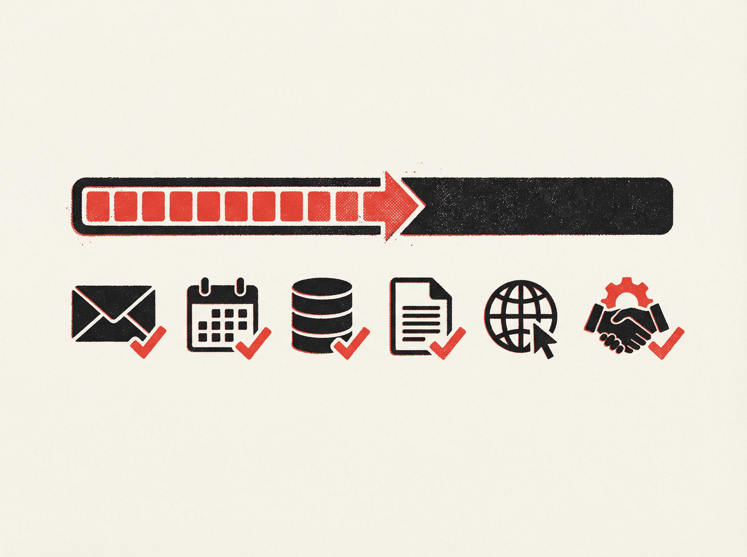 Neo-print illustration: progress bar filled to halfway with six service icons below showing email, calendar, database, content, website, CRM all with checkmarks