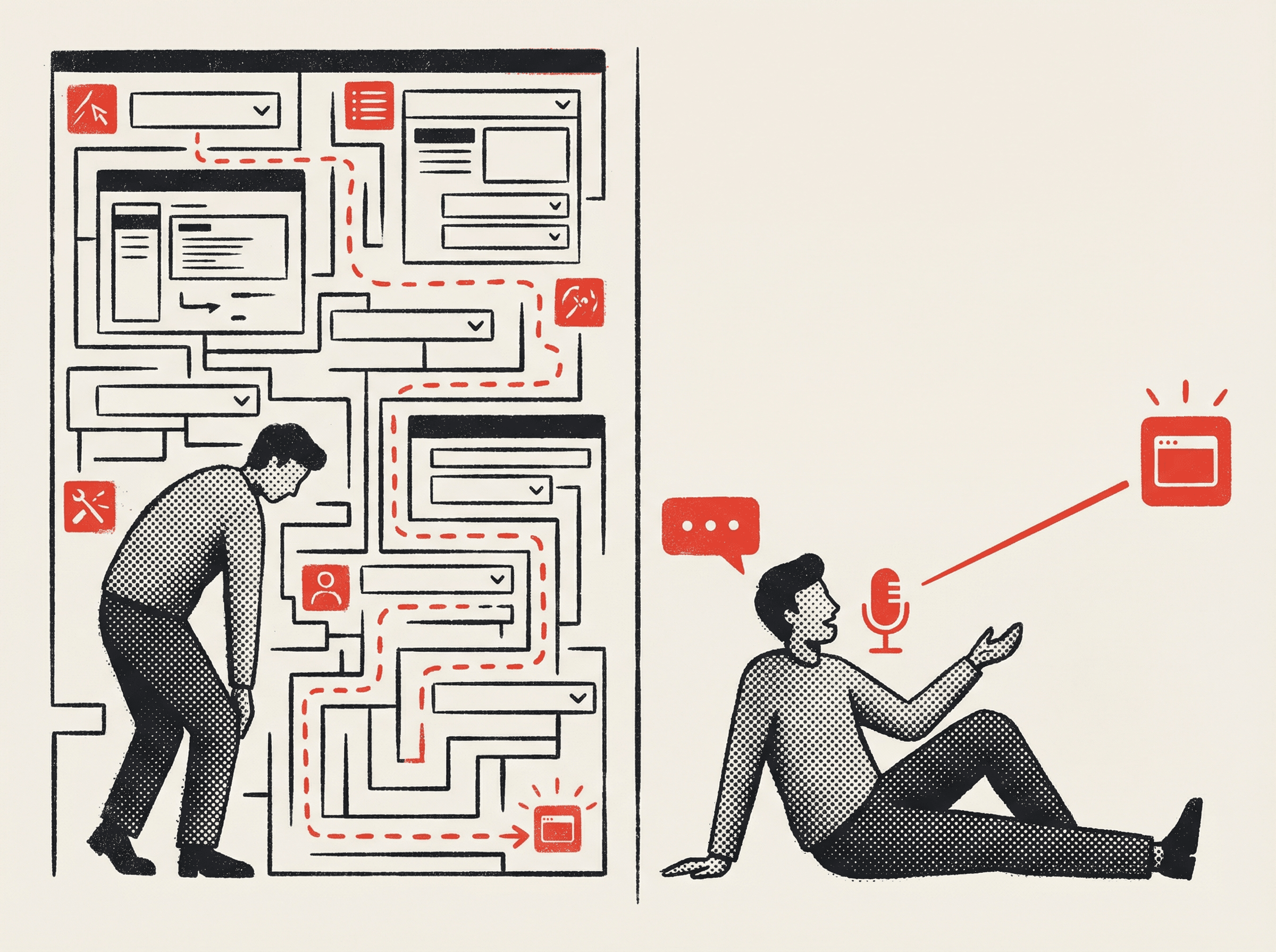 Neo-print illustration: person clicking through long maze of menus on left versus person speaking one sentence and arriving directly at result on right