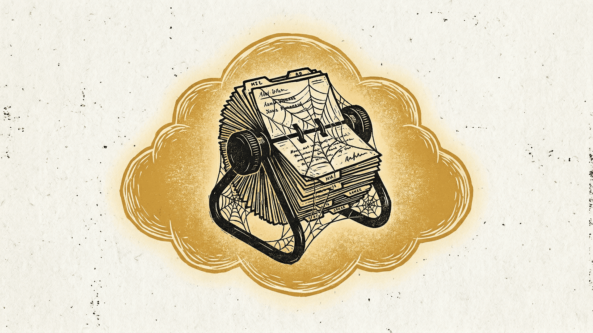 Neo-print editorial: a classic rotating Rolodex card file floating inside a cloud shape, cobwebs forming on it, ochre yellow and ink black on paper white