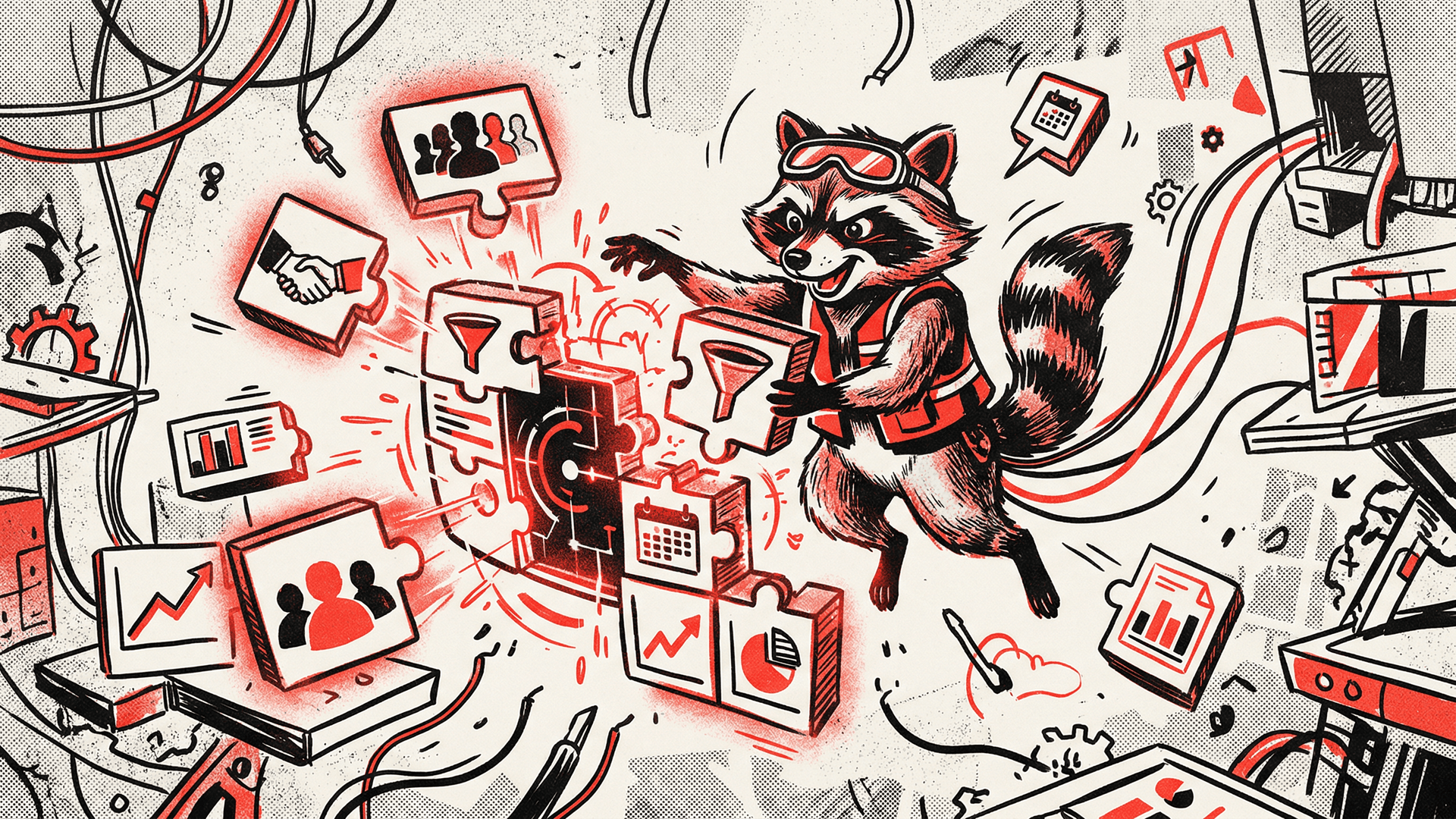 Neo-print editorial: anthropomorphic raccoon Roxy assembling a CRM interface from floating building blocks, each block labeled contacts, deals, pipeline, spot red and ink black