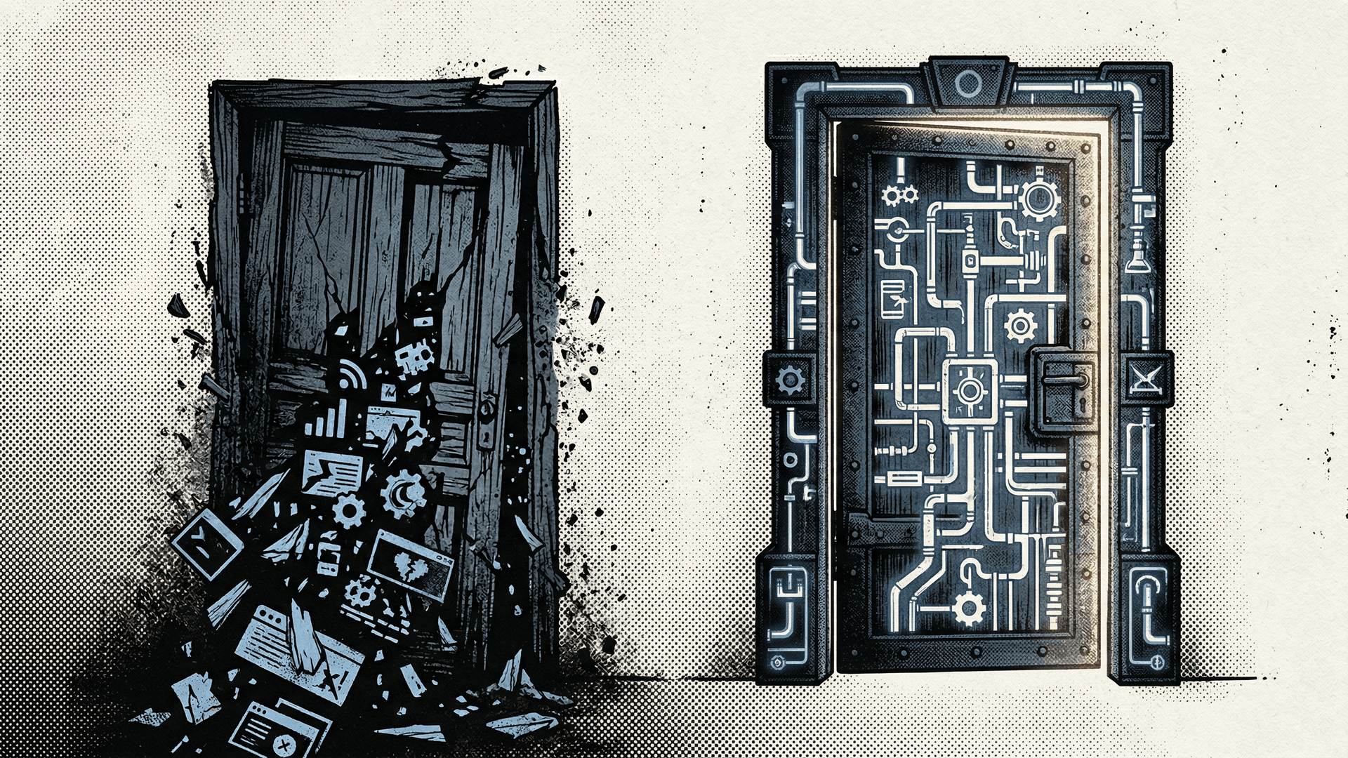 Neo-print editorial: two doors side by side, one crumbling labeled INTERFACE with icons of email builders and form tools, one solid and growing labeled INFRASTRUCTURE with icons of APIs and pipes, dusty blue and ink black