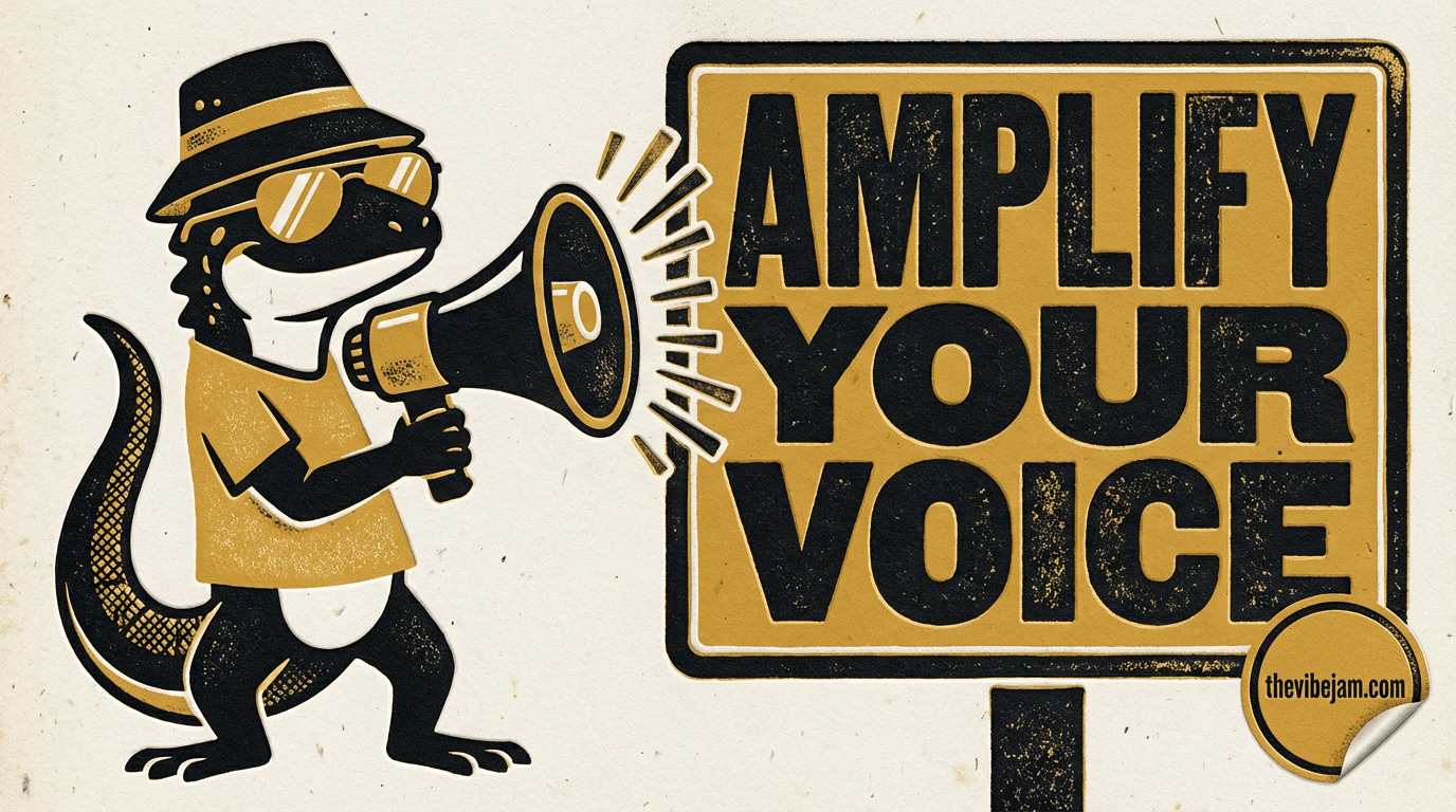Neo-print sign poster: anthropomorphic lizard Hank with a megaphone next to a sign reading AMPLIFY YOUR VOICE, ochre yellow and ink black palette, analog letterpress texture