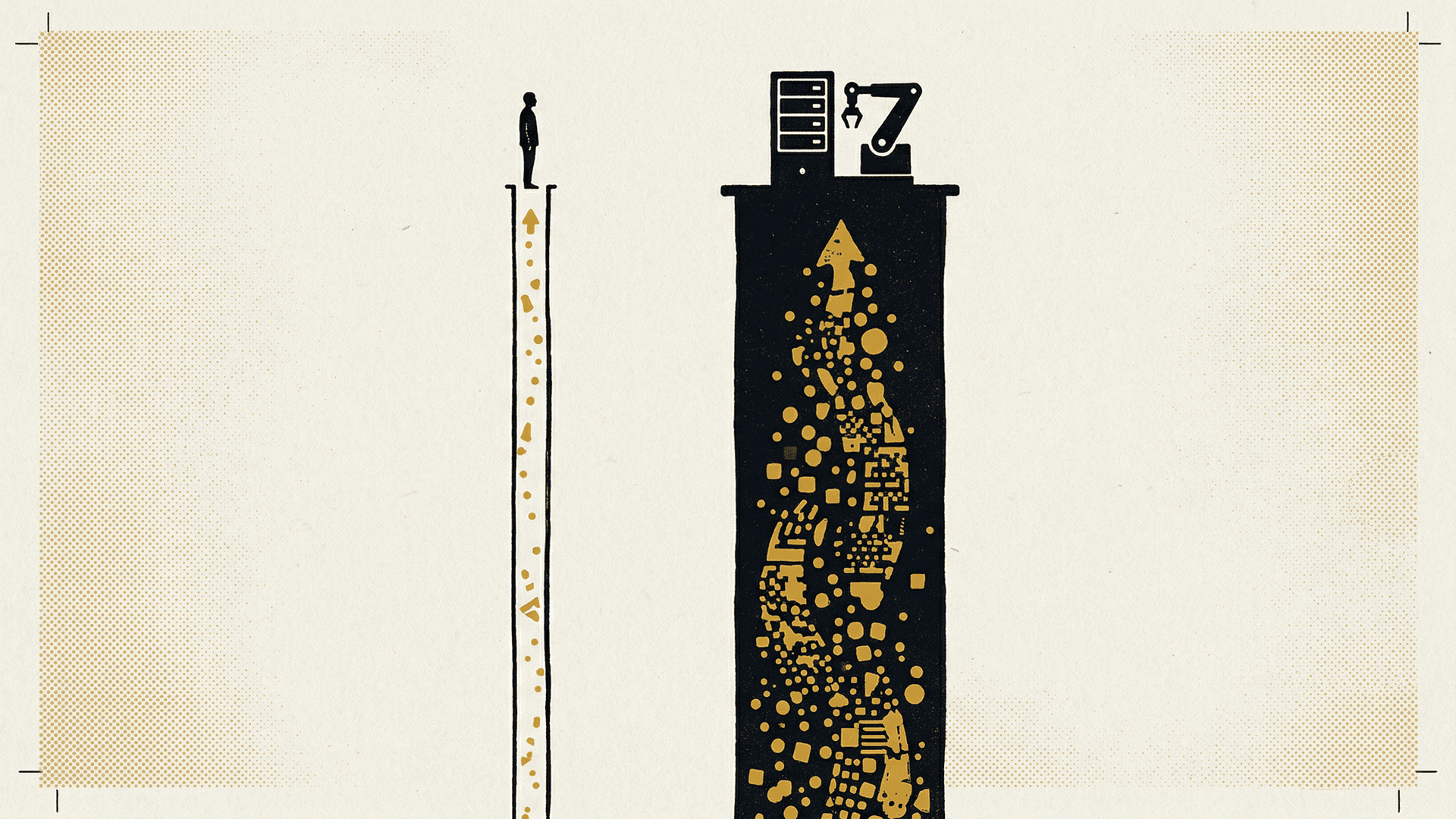 Neo-print conceptual illustration: two pipes side by side, one tiny labeled HUMAN and one massive labeled MACHINE, with data flowing through both, ochre yellow and ink black