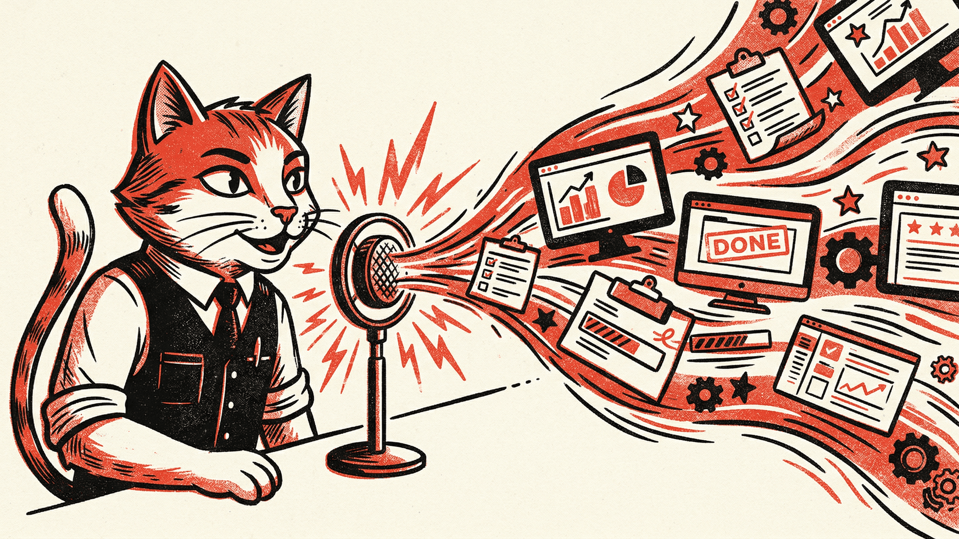 Neo-print editorial: anthropomorphic cat Cass speaking into a glowing microphone, a cascade of completed tasks flowing out the other side, spot red and ink black on cream