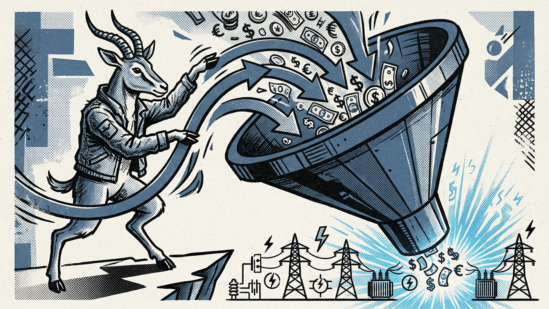 Neo-print editorial: anthropomorphic antelope Dario tracing arrows flowing downward through a funnel, money symbols collecting at the bottom near power line icons, dusty blue and ink black
