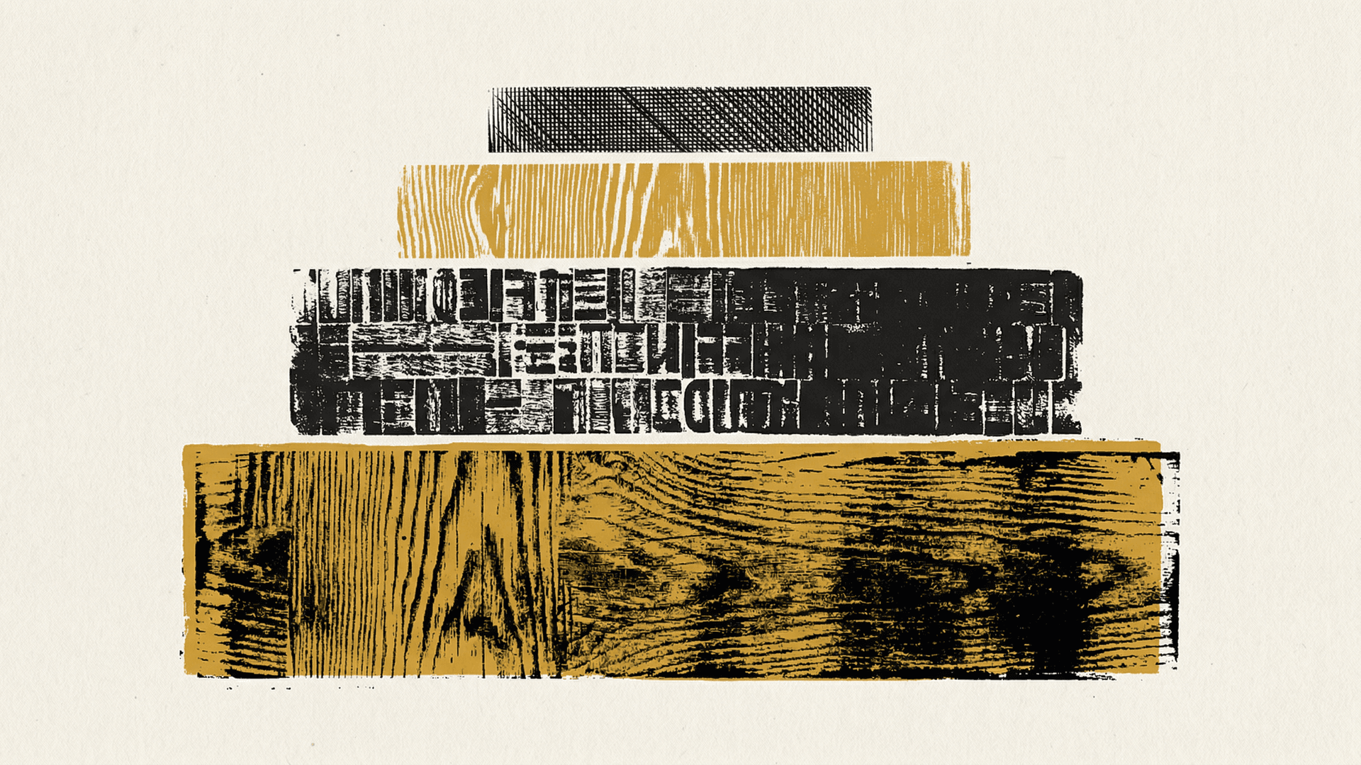 Neo-print typographic poster: four horizontal layers stacked vertically reading MODELS CHIPS FACILITIES ENERGY from top to bottom, each layer larger than the one above, ochre yellow and ink black on paper white
