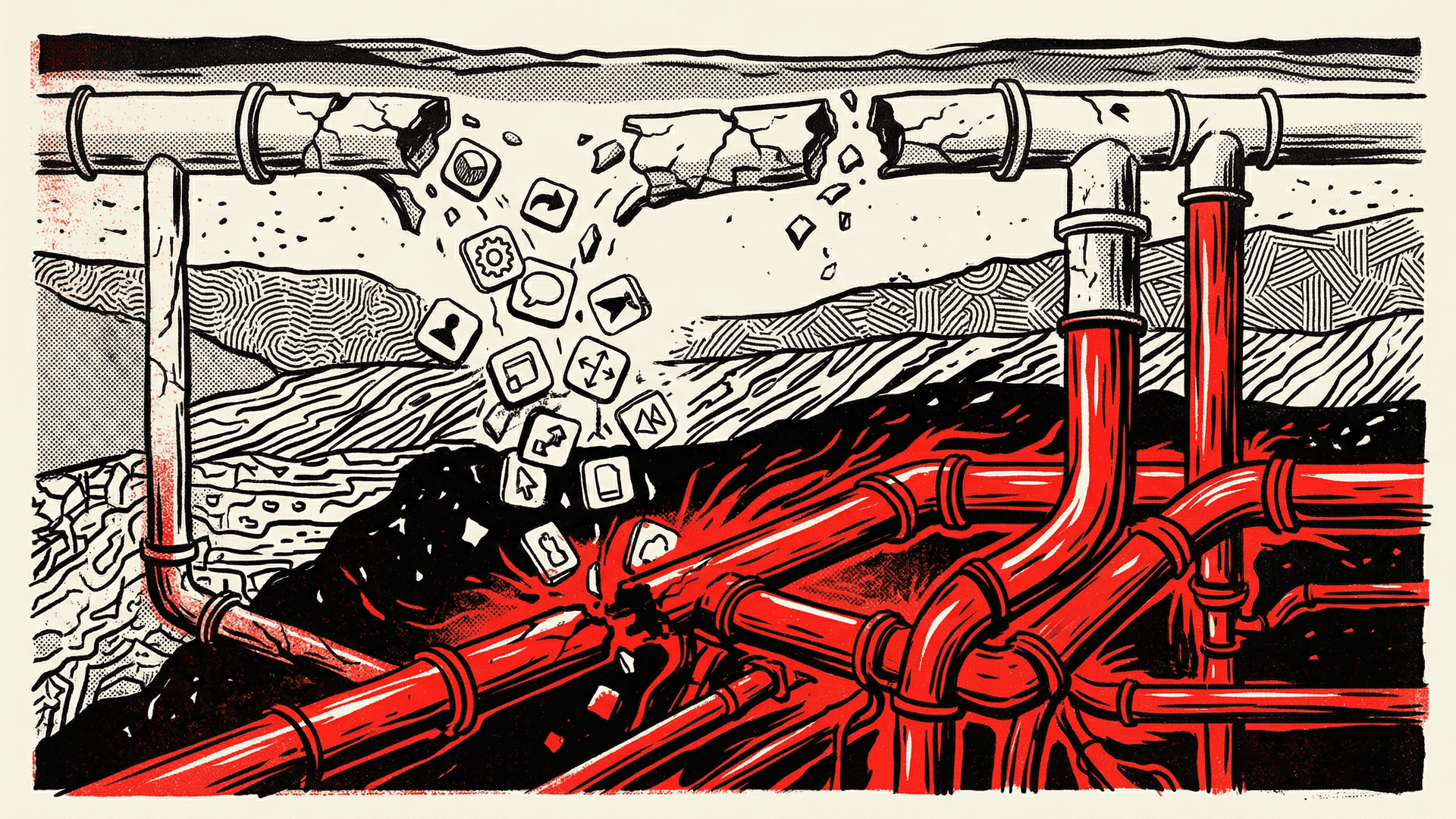 Neo-print editorial: a set of pipes and connections forming a network, with the topmost pipe labeled with app icons crumbling while the deep underground pipes glow bright, spot red and ink black on cream